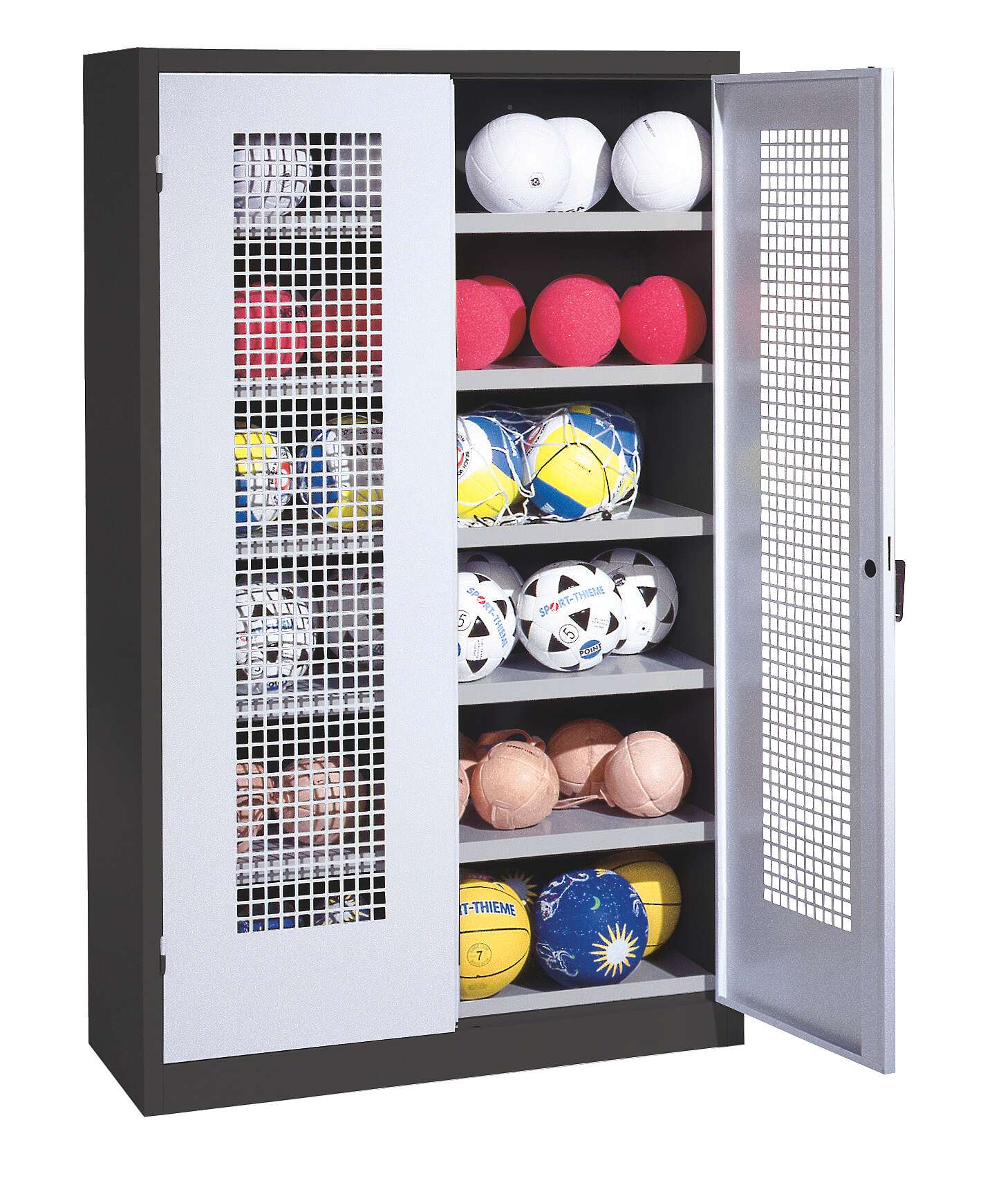 C+P Ballschrank mit Lochblech-Flügeltüren (Typ 3), HxBxT 195x120x50 cm, Lichtgrau (RAL 7035), Ergo-Lock Muldengriff, Anthrazit (RAL 7021), Gleichschließung Unkategorisiert online kaufen