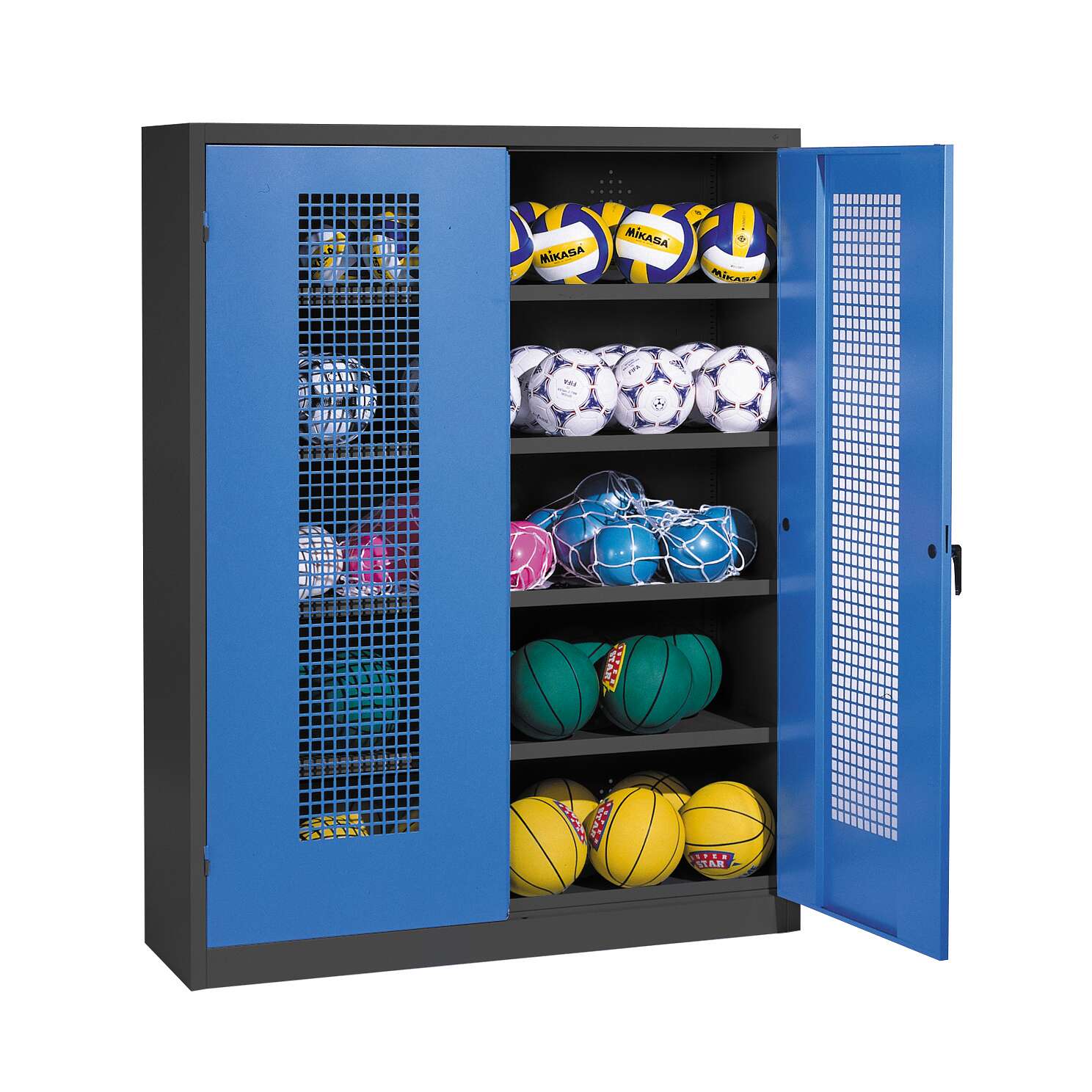 C+P Ballschrank mit Lochblech-Flügeltüren (Typ 3), HxBxT 195x150x50 cm, Enzianblau (RAL 5010), Ergo-Lock Muldengriff, Anthrazit (RAL 7021), Einzelschließung Unkategorisiert online kaufen