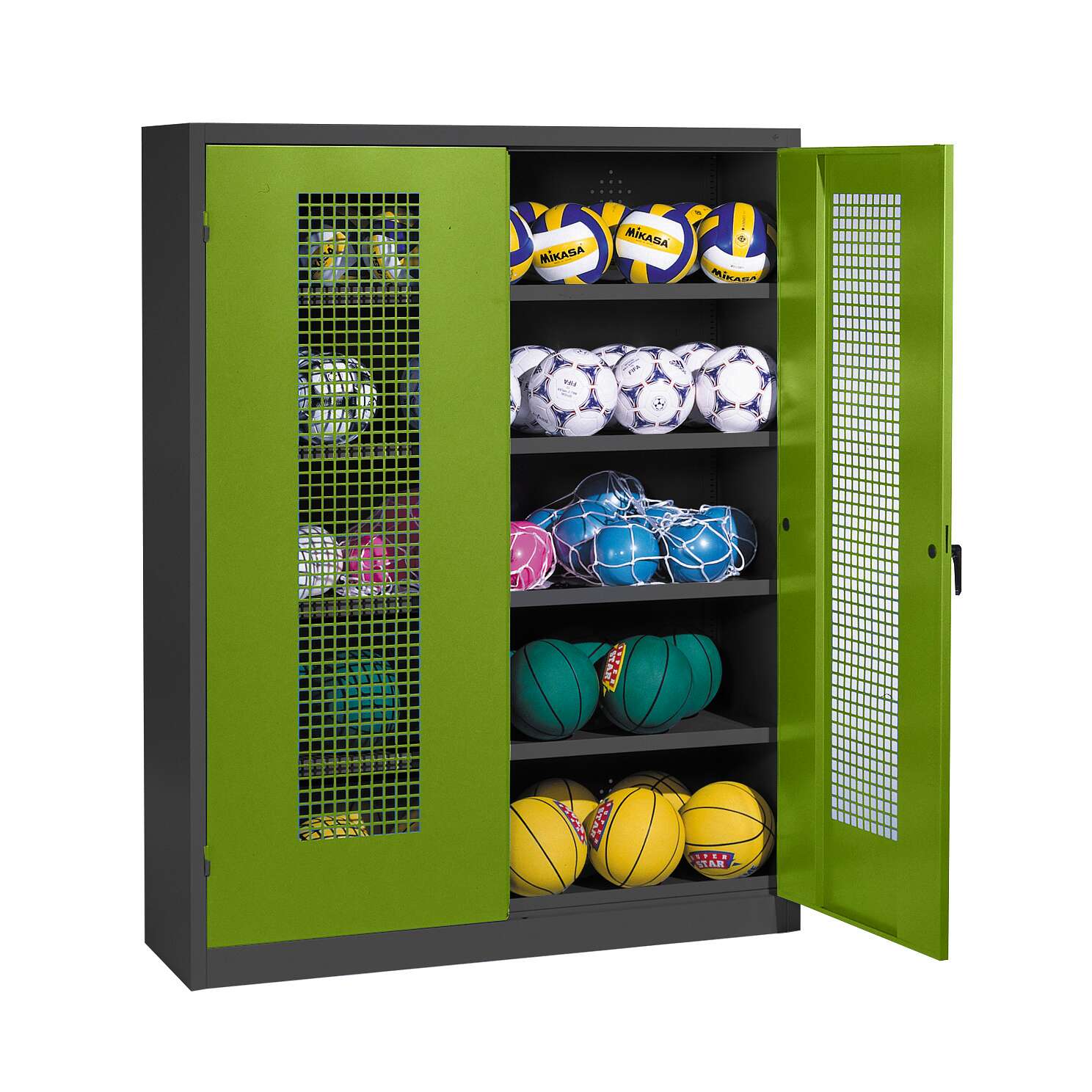 C+P Ballschrank mit Lochblech-Flügeltüren (Typ 3), HxBxT 195x150x50 cm, Ergo-Lock Muldengriff, Clowngrün (RAL 110 80 60), Anthrazit (RAL 7021), Gleichschließung Unkategorisiert online kaufen C+P Ballschrank mit Lochblech-Flügeltüren (Typ 3), HxBxT 195x150x50 cm, Ergo-Lock Muldengriff, Clowngrün (RAL 110 80 60), Anthrazit (RAL 7021), Gleichschließung Unkategorisiert online kaufen