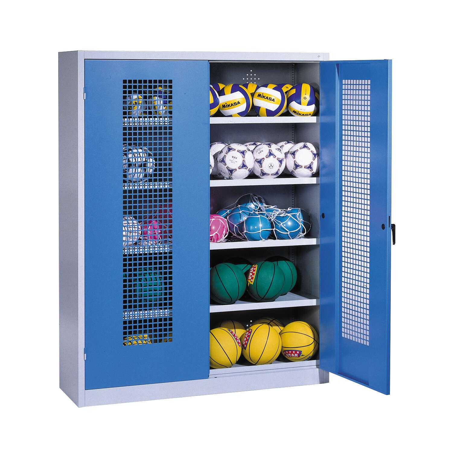 C+P Ballschrank mit Lochblech-Flügeltüren (Typ 3), HxBxT 195x150x50 cm, Ergo-Lock Muldengriff, Enzianblau (RAL 5010), Lichtgrau (RAL 7035), Gleichschließung Unkategorisiert online kaufen C+P Ballschrank mit Lochblech-Flügeltüren (Typ 3), HxBxT 195x150x50 cm, Ergo-Lock Muldengriff, Enzianblau (RAL 5010), Lichtgrau (RAL 7035), Gleichschließung Unkategorisiert online kaufen
