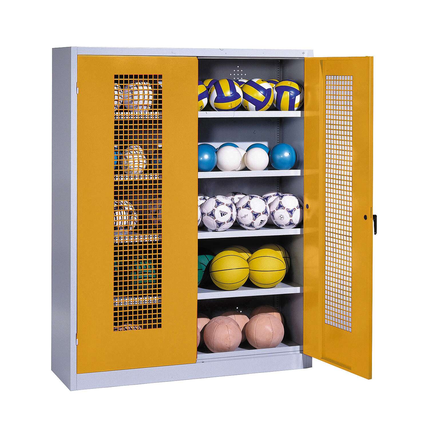 C+P Ballschrank mit Lochblech-Flügeltüren (Typ 3), HxBxT 195x150x50 cm, Ergo-Lock Muldengriff, Goldgelb (RAL 1004), Lichtgrau (RAL 7035), Einzelschließung Unkategorisiert online kaufen