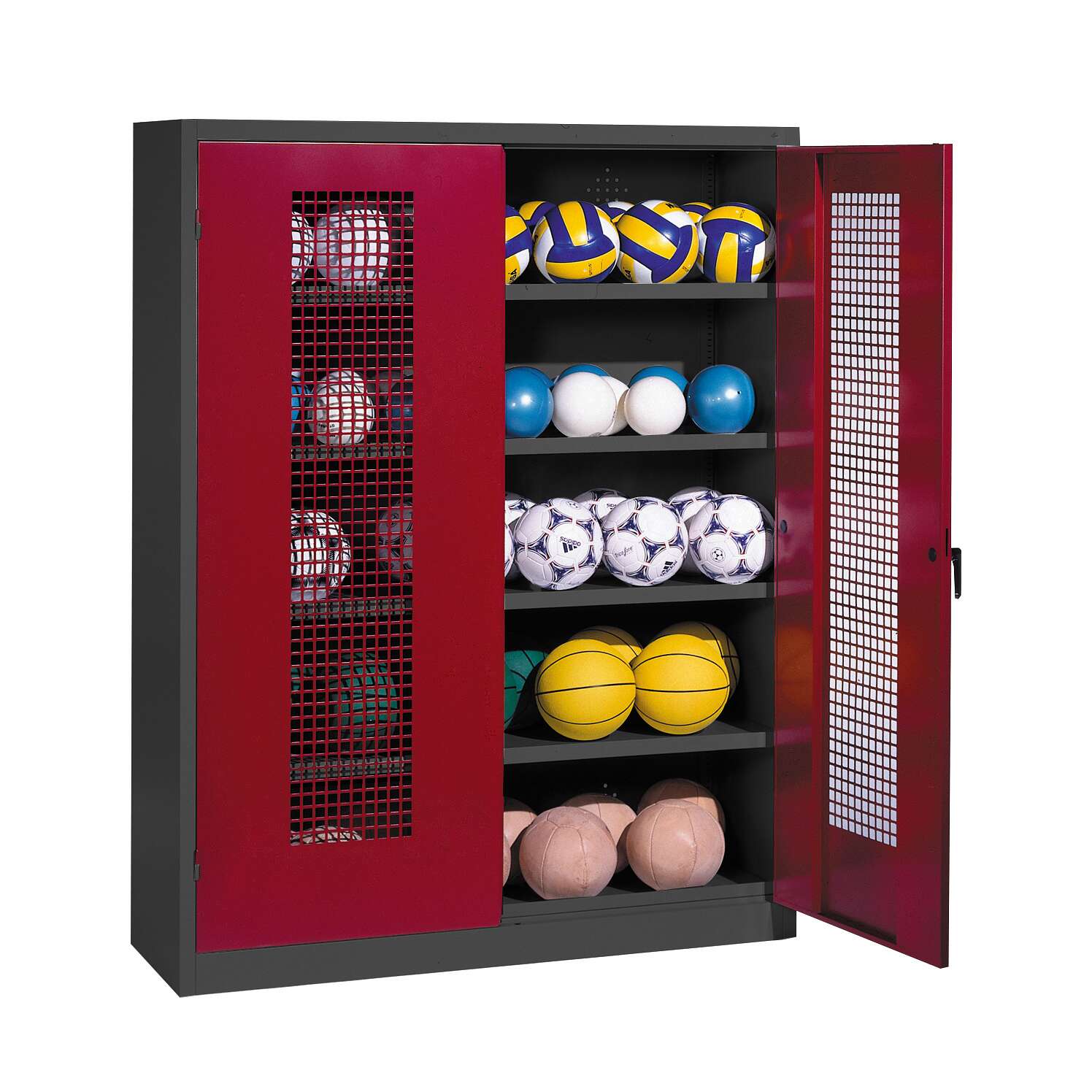 C+P Ballschrank mit Lochblech-Flügeltüren (Typ 3), HxBxT 195x150x50 cm, Ergo-Lock Muldengriff, Rubinrot (RAL 3003), Anthrazit (RAL 7021), Einzelschließung Unkategorisiert online kaufen
