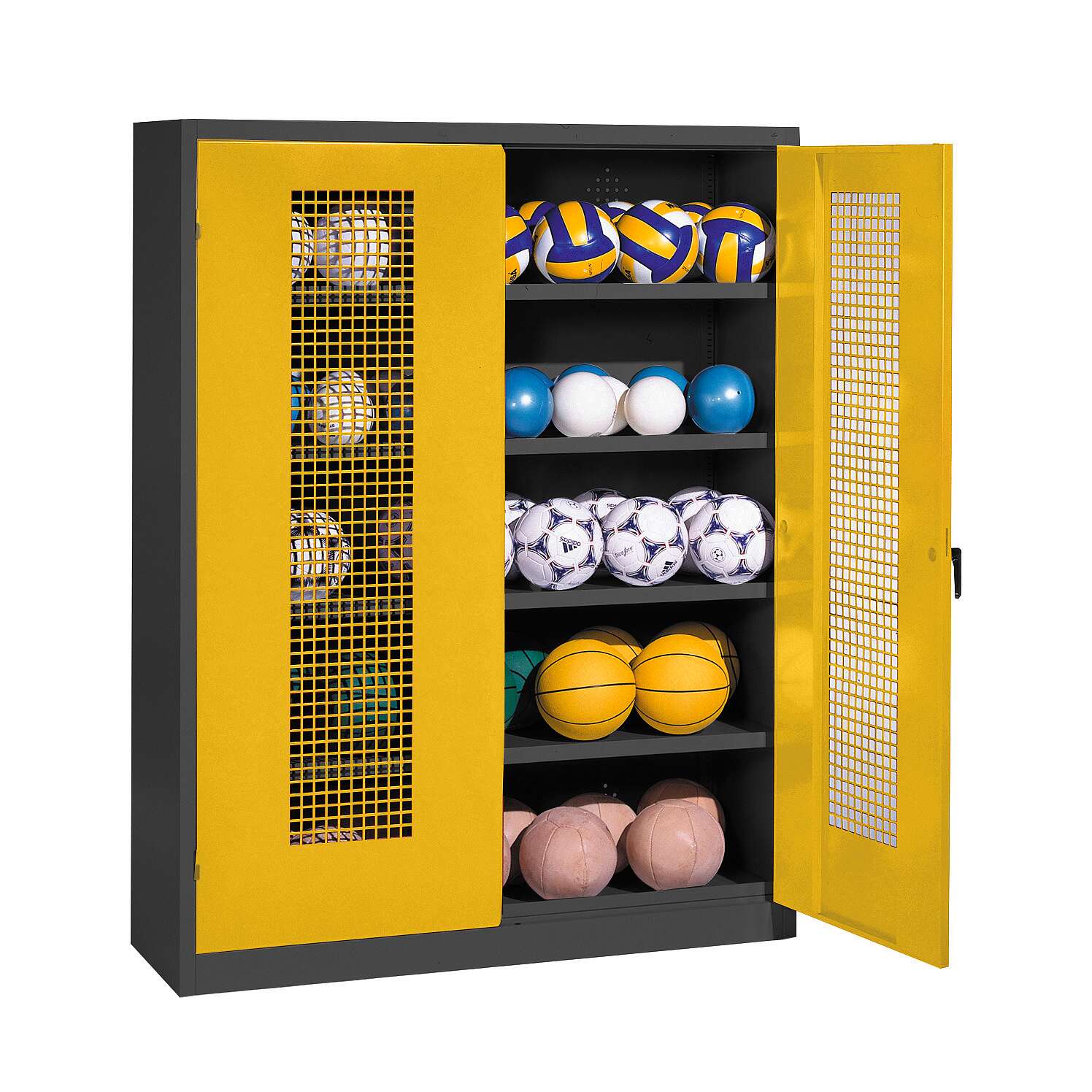 C+P Ballschrank mit Lochblech-Flügeltüren (Typ 3), HxBxT 195x150x50 cm, Ergo-Lock Muldengriff, Verkehrsgelb (RAL 1023), Anthrazit (RAL 7021), Gleichschließung Unkategorisiert online kaufen