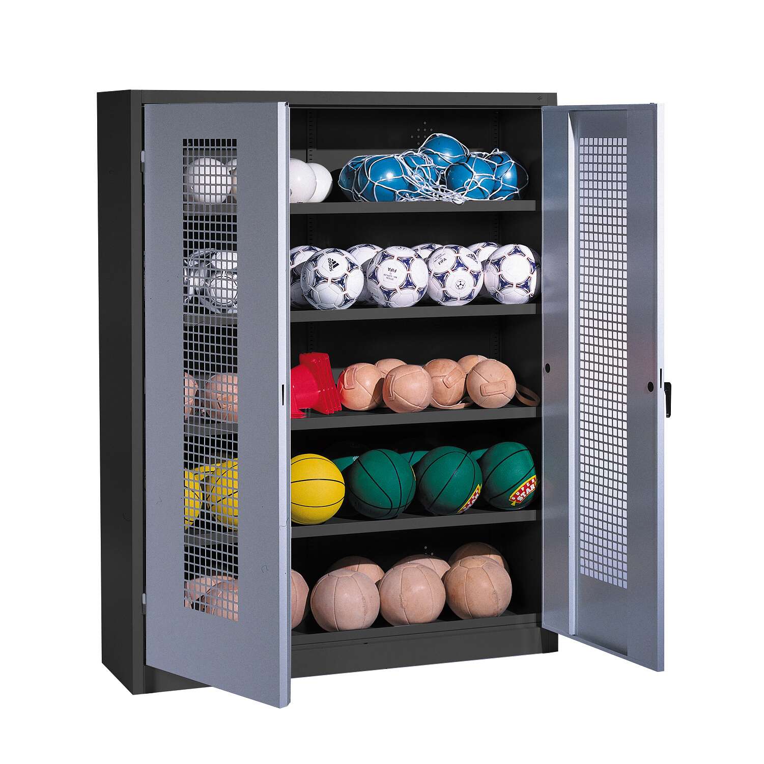 C+P Ballschrank mit Lochblech-Flügeltüren (Typ 3), HxBxT 195x150x50 cm, Lichtgrau (RAL 7035), Ergo-Lock Muldengriff, Anthrazit (RAL 7021), Einzelschließung Unkategorisiert online kaufen