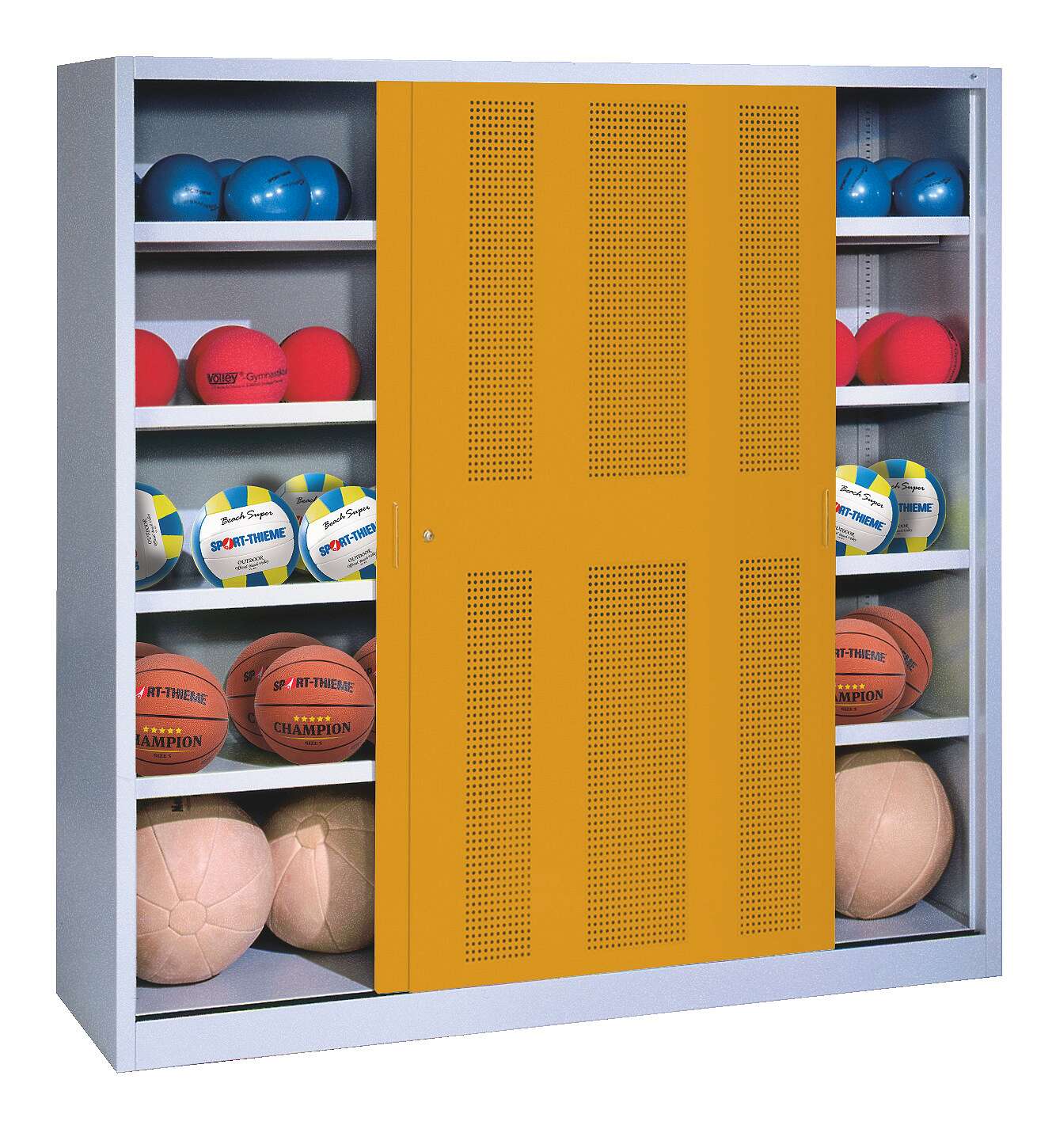 C+P Ballschrank mit Lochblech-Schiebetüren (Typ 4), HxBxT 195x120x50 cm, Goldgelb (RAL 1004), Lichtgrau (RAL 7035), Einzelschließung Unkategorisiert online kaufen