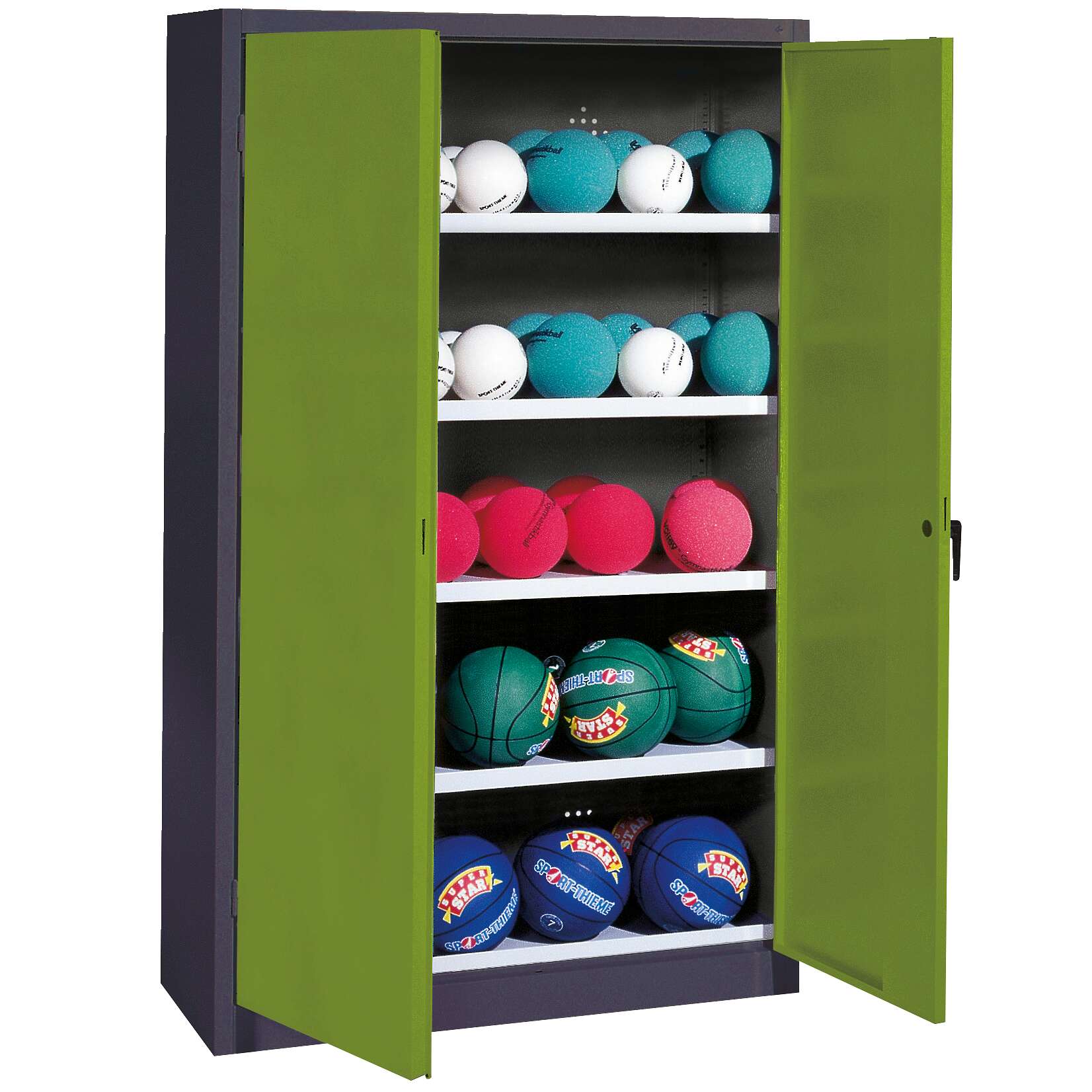 C+P Ballschrank mit Vollblech-Flügeltüren (Typ 3), HxBxT 195x150x50 cm, Ergo-Lock Muldengriff, Clowngrün (RAL 110 80 60), Anthrazit (RAL 7021), Einzelschließung Unkategorisiert online kaufen