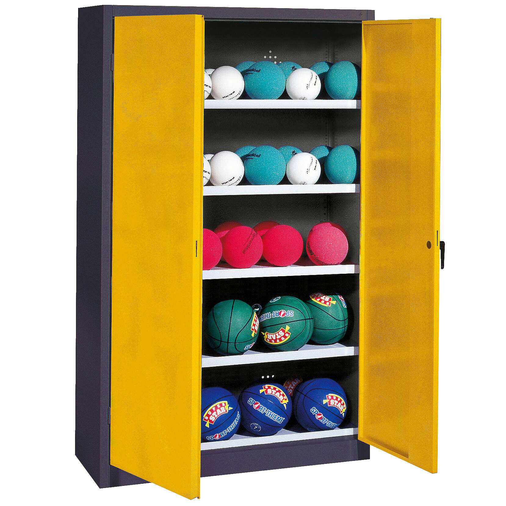 C+P Ballschrank mit Vollblech-Flügeltüren (Typ 3), HxBxT 195x150x50 cm, Ergo-Lock Muldengriff, Verkehrsgelb (RAL 1023), Anthrazit (RAL 7021), Gleichschließung Unkategorisiert online kaufen
