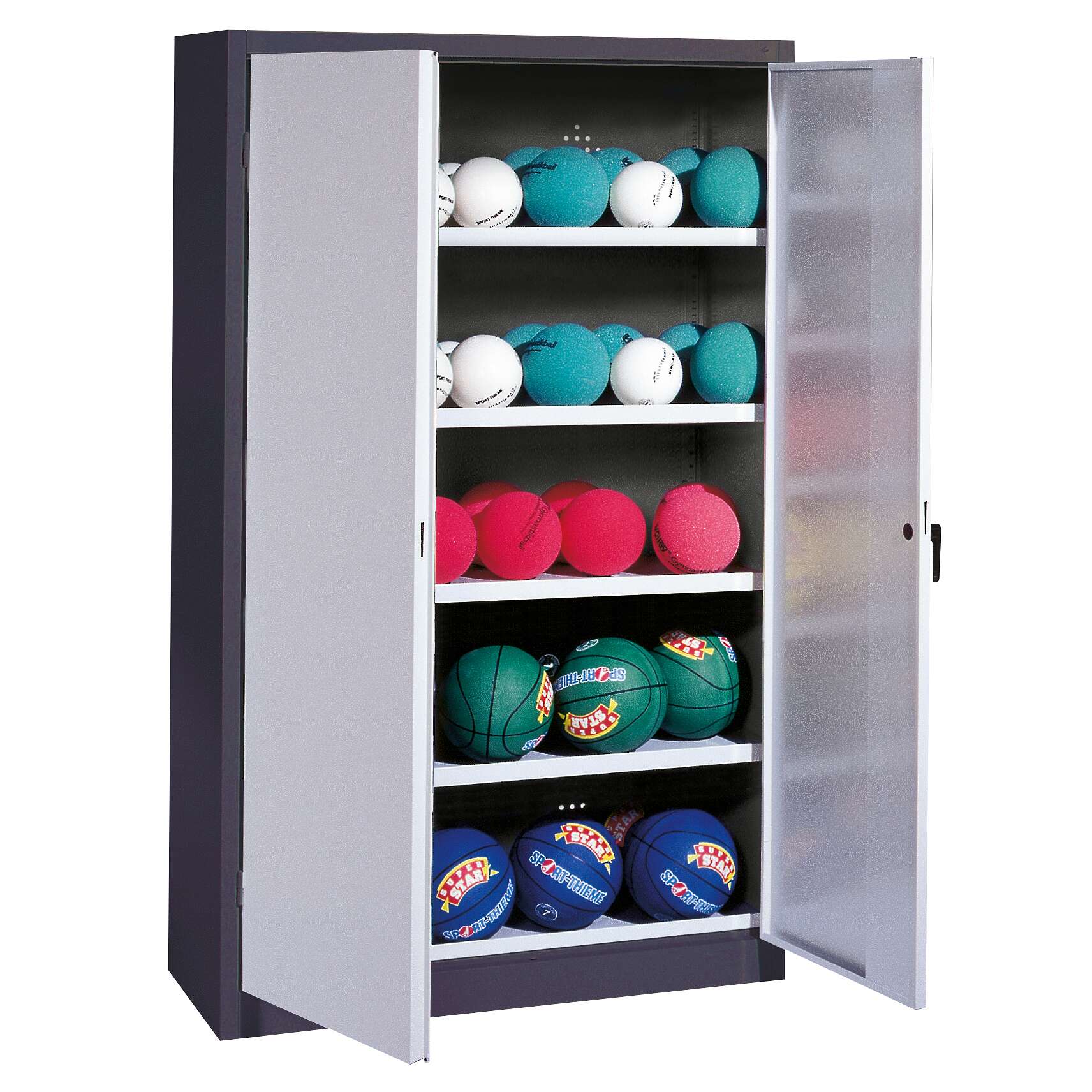 C+P Ballschrank mit Vollblech-Flügeltüren (Typ 3), HxBxT 195x150x50 cm, Lichtgrau (RAL 7035), Ergo-Lock Muldengriff, Anthrazit (RAL 7021), Einzelschließung Unkategorisiert online kaufen