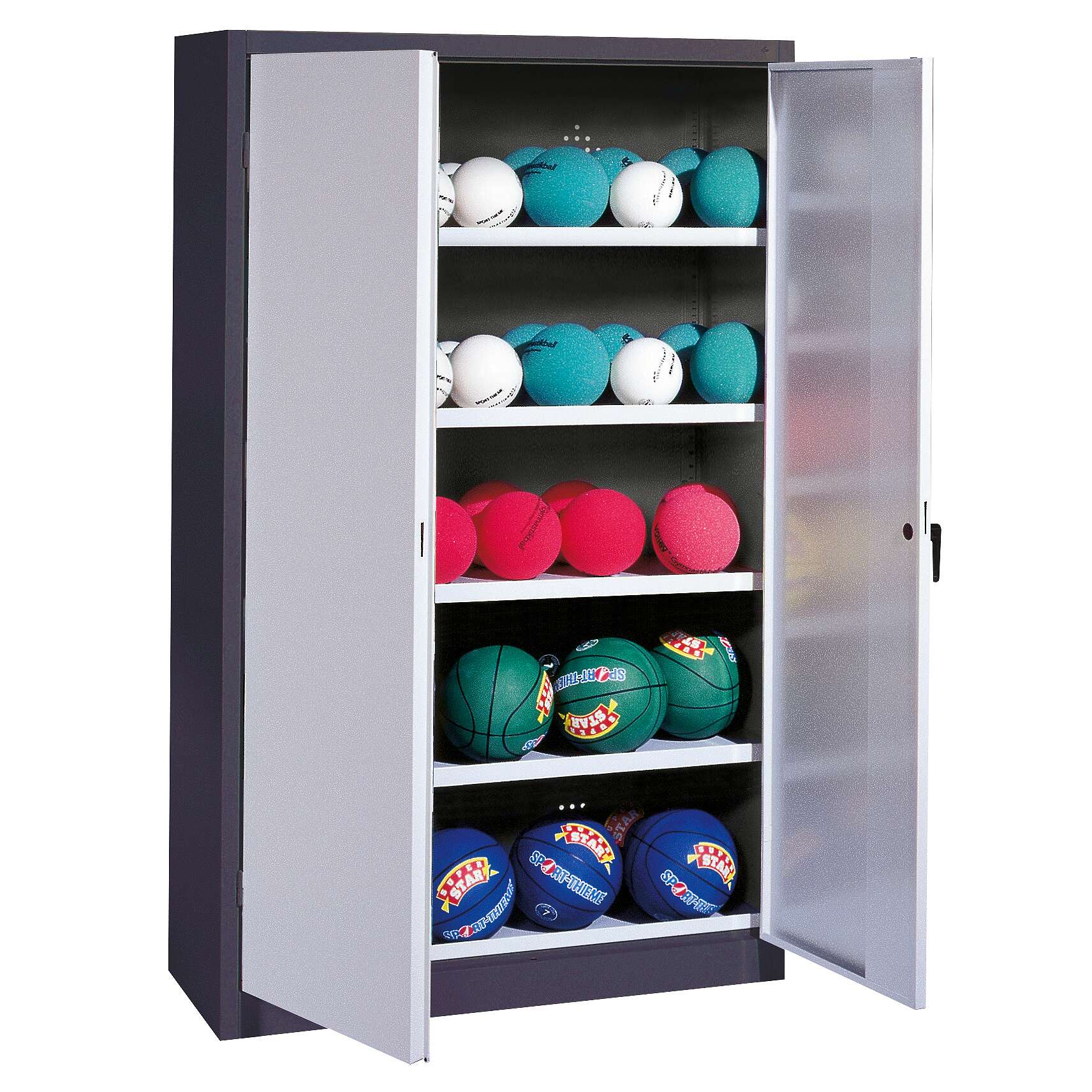 C+P Ballschrank mit Vollblech-Flügeltüren (Typ 3), HxBxT 195x150x50 cm, Lichtgrau (RAL 7035), Ergo-Lock Muldengriff, Anthrazit (RAL 7021), Gleichschließung Unkategorisiert online kaufen