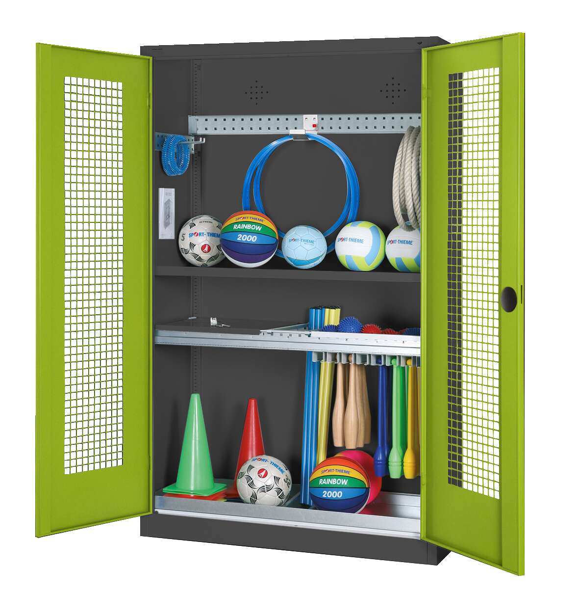 C+P Modul-Sportgeräteschrank "Komplettausstattung" mit Lochblech-Flügeltüren, HxBxT 195x120x50 cm, Ergo-Lock Muldengriff, Clowngrün (RAL 110 80 60), Anthrazit (RAL 7021), Einzelschließung Unkategorisiert online kaufen