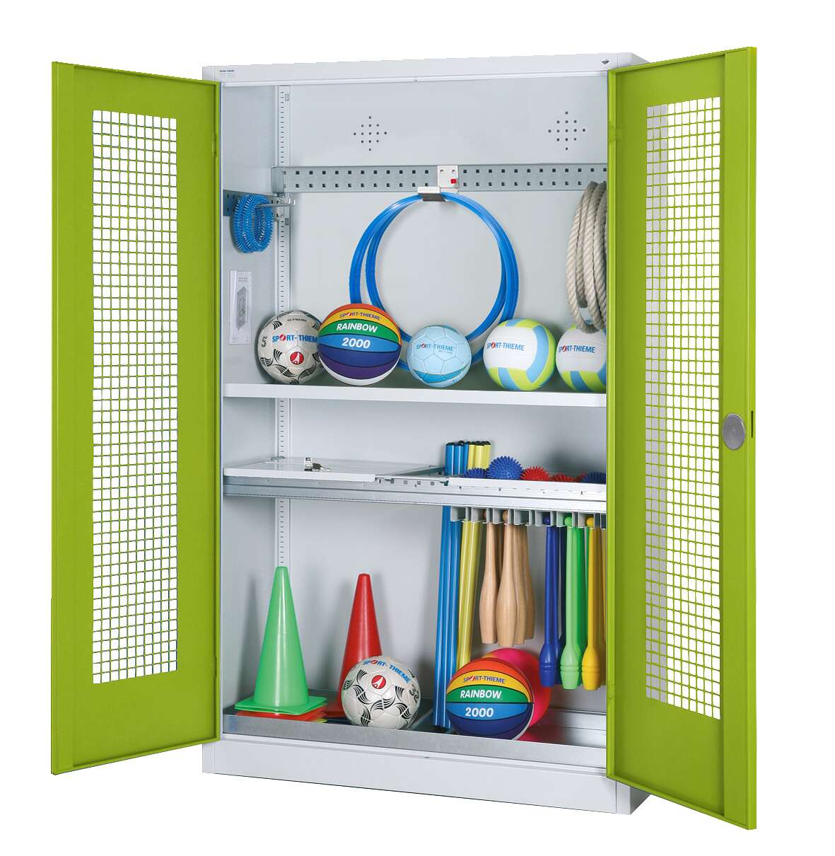 C+P Modul-Sportgeräteschrank "Komplettausstattung" mit Lochblech-Flügeltüren, HxBxT 195x120x50 cm, Ergo-Lock Muldengriff, Clowngrün (RAL 110 80 60), Lichtgrau (RAL 7035), Gleichschließung Unkategorisiert online kaufen