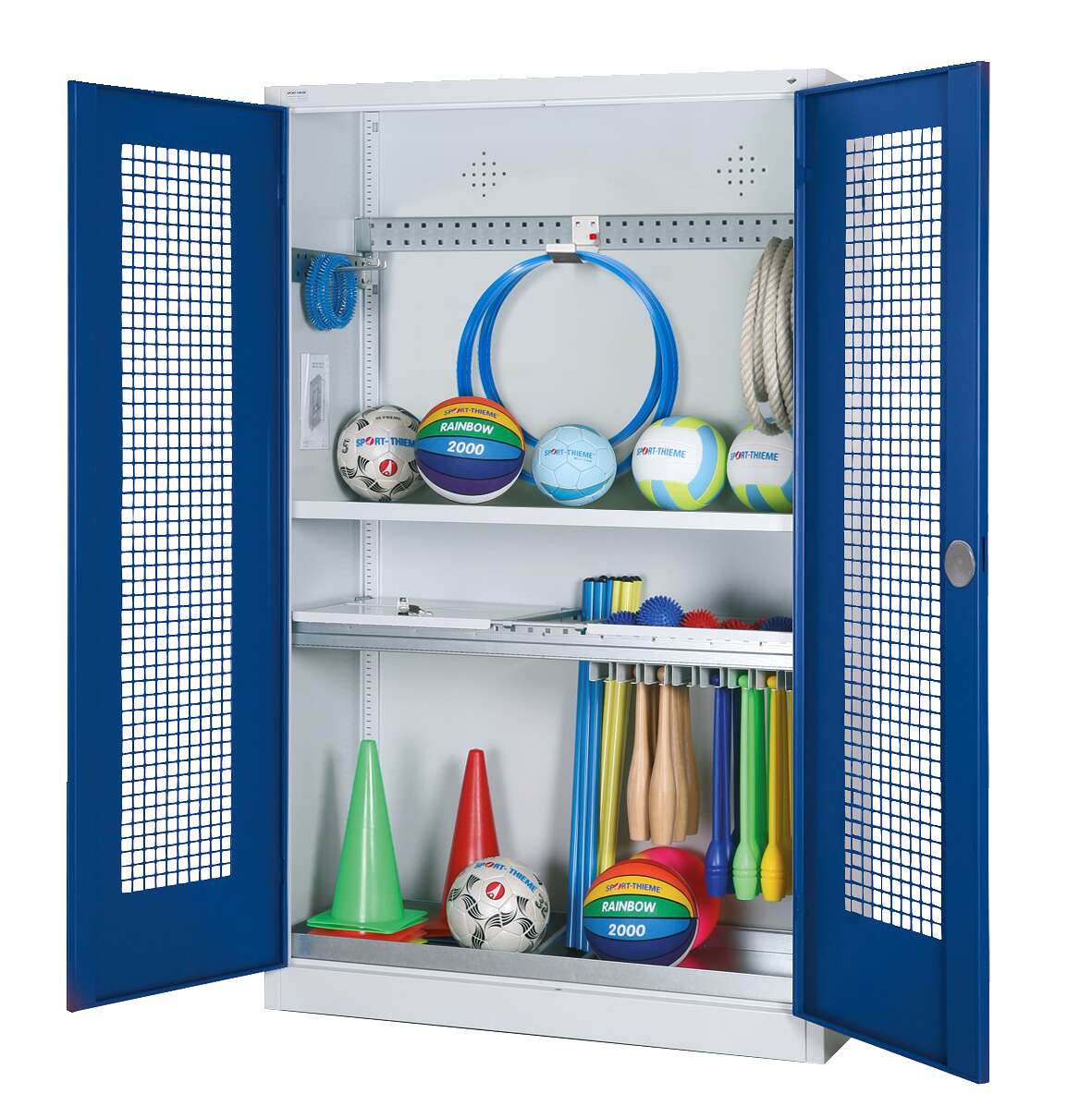 C+P Modul-Sportgeräteschrank "Komplettausstattung" mit Lochblech-Flügeltüren, HxBxT 195x120x50 cm, Ergo-Lock Muldengriff, Enzianblau (RAL 5010), Lichtgrau (RAL 7035), Einzelschließung Unkategorisiert online kaufen