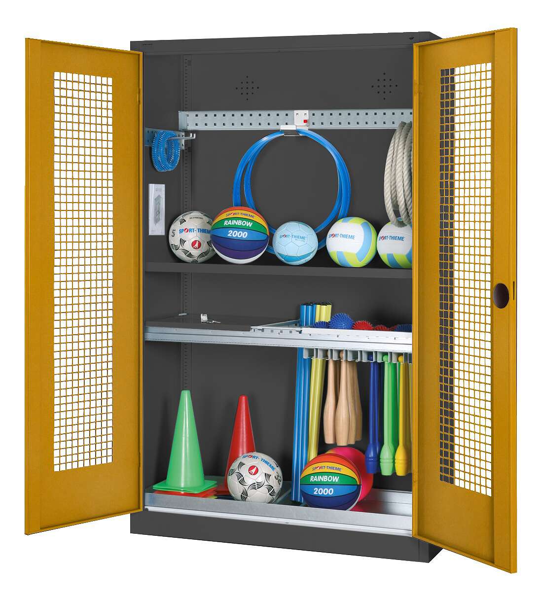 C+P Modul-Sportgeräteschrank "Komplettausstattung" mit Lochblech-Flügeltüren, HxBxT 195x120x50 cm, Ergo-Lock Muldengriff, Goldgelb (RAL 1004), Anthrazit (RAL 7021), Gleichschließung Unkategorisiert online kaufen