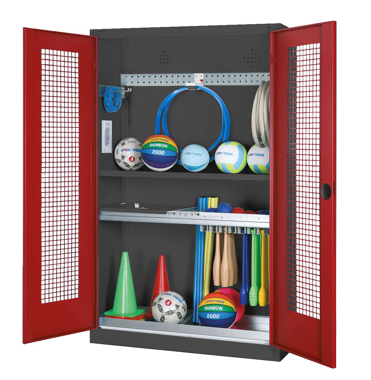 C+P Modul-Sportgeräteschrank "Komplettausstattung" mit Lochblech-Flügeltüren, HxBxT 195x120x50 cm, Ergo-Lock Muldengriff, Rubinrot (RAL 3003), Anthrazit (RAL 7021), Einzelschließung Unkategorisiert online kaufen