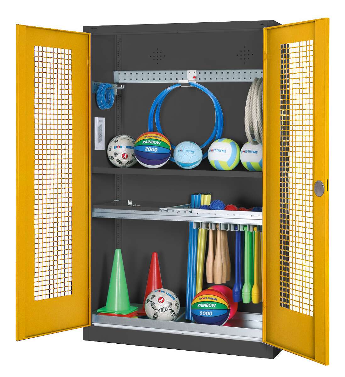 C+P Modul-Sportgeräteschrank "Komplettausstattung" mit Lochblech-Flügeltüren, HxBxT 195x120x50 cm, Ergo-Lock Muldengriff, Verkehrsgelb (RAL 1023), Anthrazit (RAL 7021), Einzelschließung Unkategorisiert online kaufen