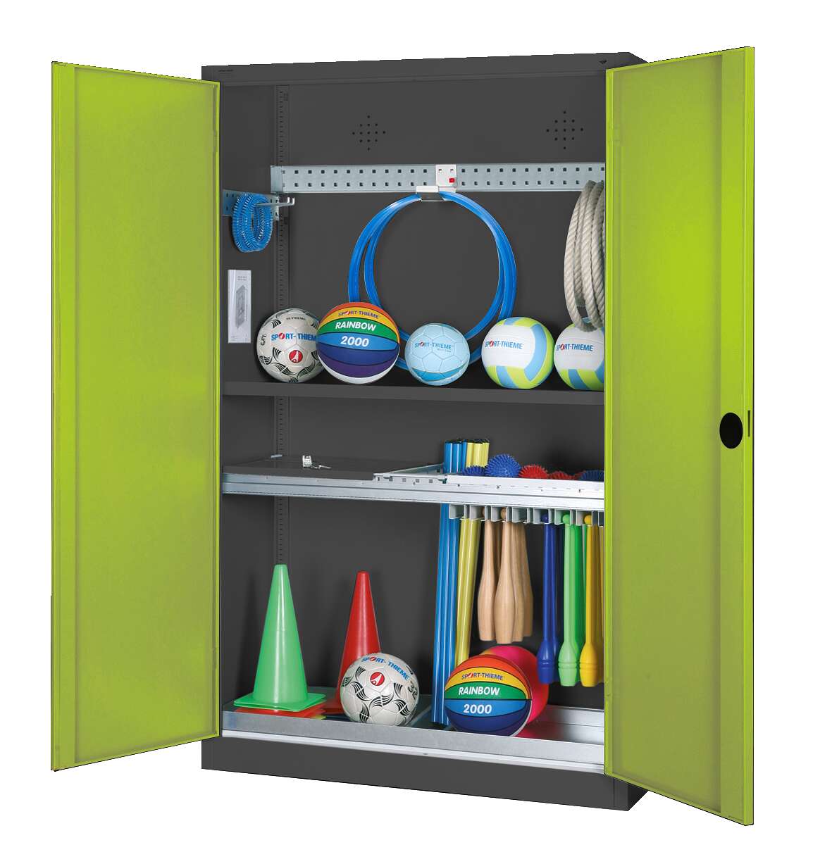 C+P Modul-Sportgeräteschrank "Komplettausstattung" mit Vollblech-Flügeltüren, HxBxT 195x120x50 cm, Ergo-Lock Muldengriff, Clowngrün (RAL 110 80 60), Anthrazit (RAL 7021), Einzelschließung Unkategorisiert online kaufen
