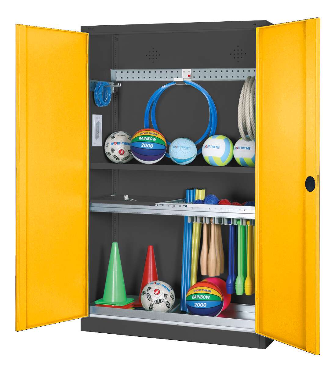 C+P Modul-Sportgeräteschrank "Komplettausstattung" mit Vollblech-Flügeltüren, HxBxT 195x120x50 cm, Ergo-Lock Muldengriff, Verkehrsgelb (RAL 1023), Anthrazit (RAL 7021), Gleichschließung Unkategorisiert online kaufen