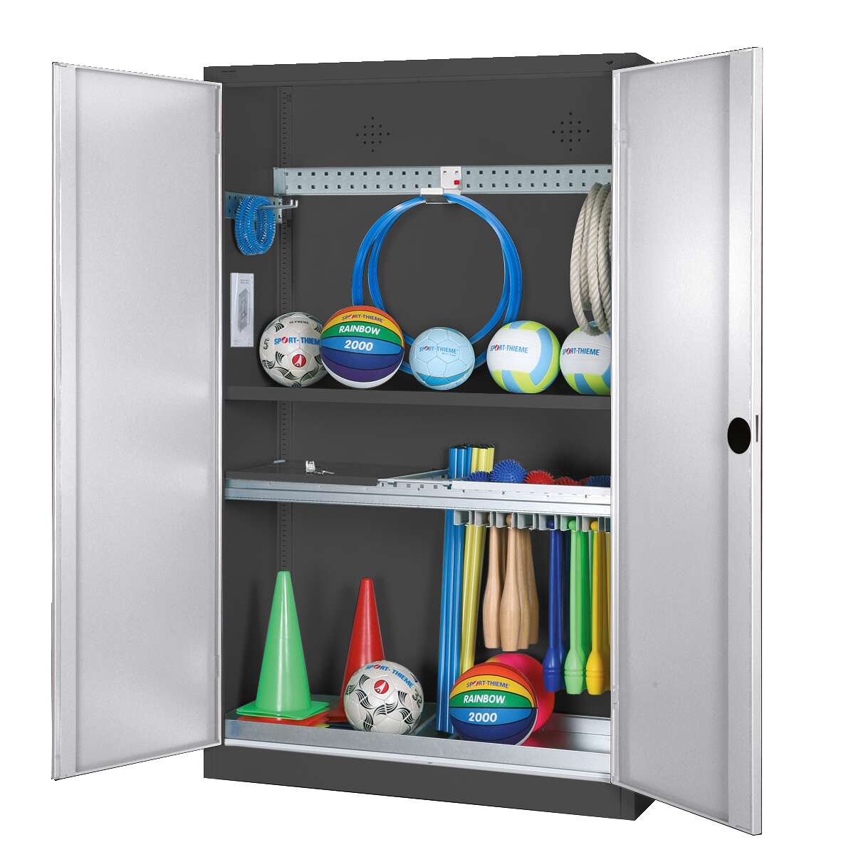 C+P Modul-Sportgeräteschrank "Komplettausstattung" mit Vollblech-Flügeltüren, HxBxT 195x120x50 cm, Lichtgrau (RAL 7035), Ergo-Lock Muldengriff, Anthrazit (RAL 7021), Gleichschließung Unkategorisiert online kaufen