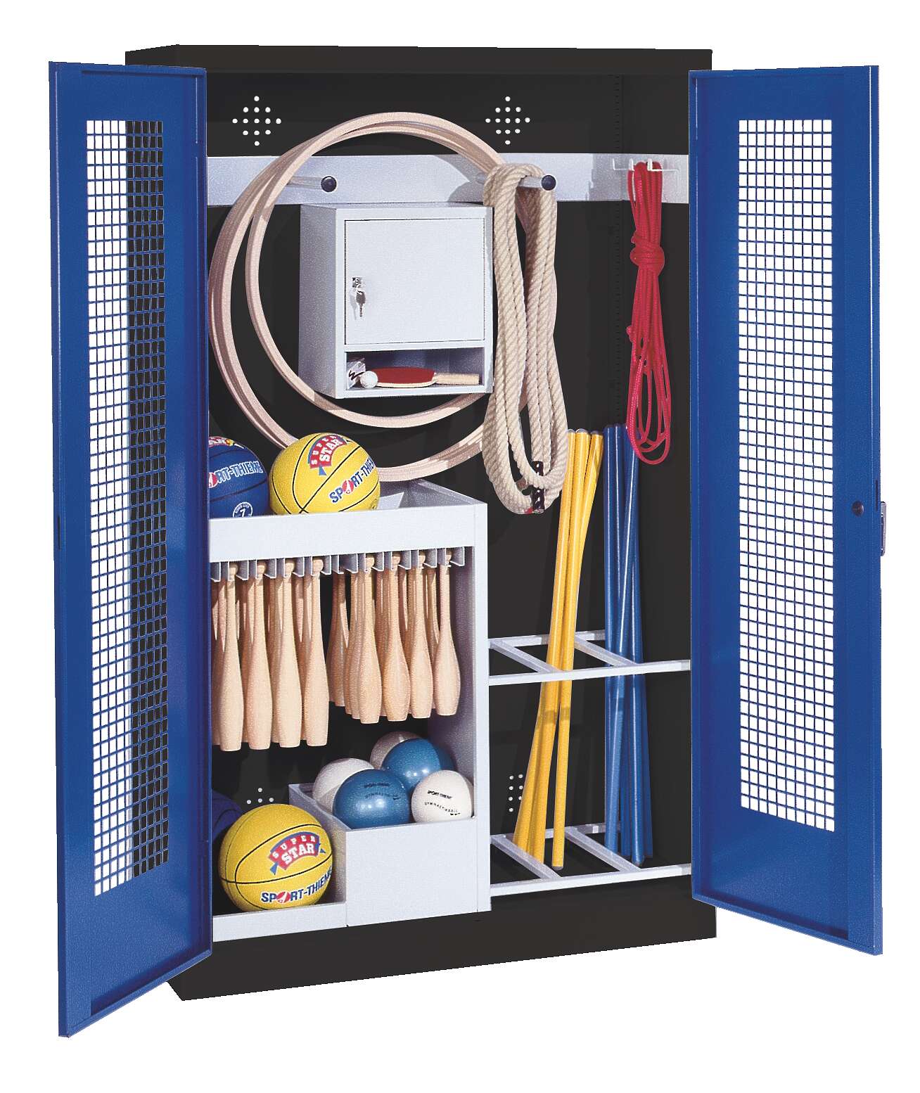 C+P Sportgeräteschrank mit Lochblech-Flügeltüren (Typ 1), HxBxT 195x120x50 cm, Enzianblau (RAL 5010), Ergo-Lock Muldengriff, Anthrazit (RAL 7021), Einzelschließung Unkategorisiert online kaufen
