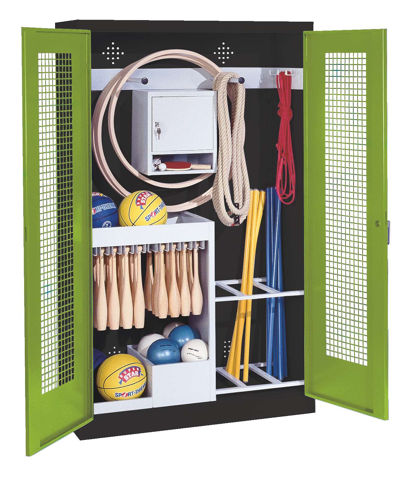 C+P Sportgeräteschrank mit Lochblech-Flügeltüren (Typ 1), HxBxT 195x120x50 cm, Ergo-Lock Muldengriff, Clowngrün (RAL 110 80 60), Anthrazit (RAL 7021), Einzelschließung Unkategorisiert online kaufen
