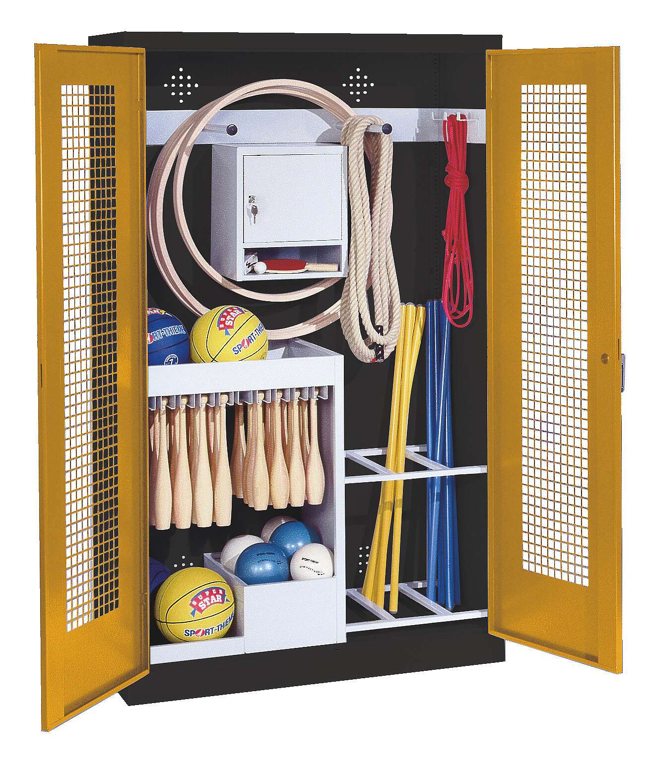 C+P Sportgeräteschrank mit Lochblech-Flügeltüren (Typ 1), HxBxT 195x120x50 cm, Ergo-Lock Muldengriff, Goldgelb (RAL 1004), Anthrazit (RAL 7021), Gleichschließung Unkategorisiert online kaufen