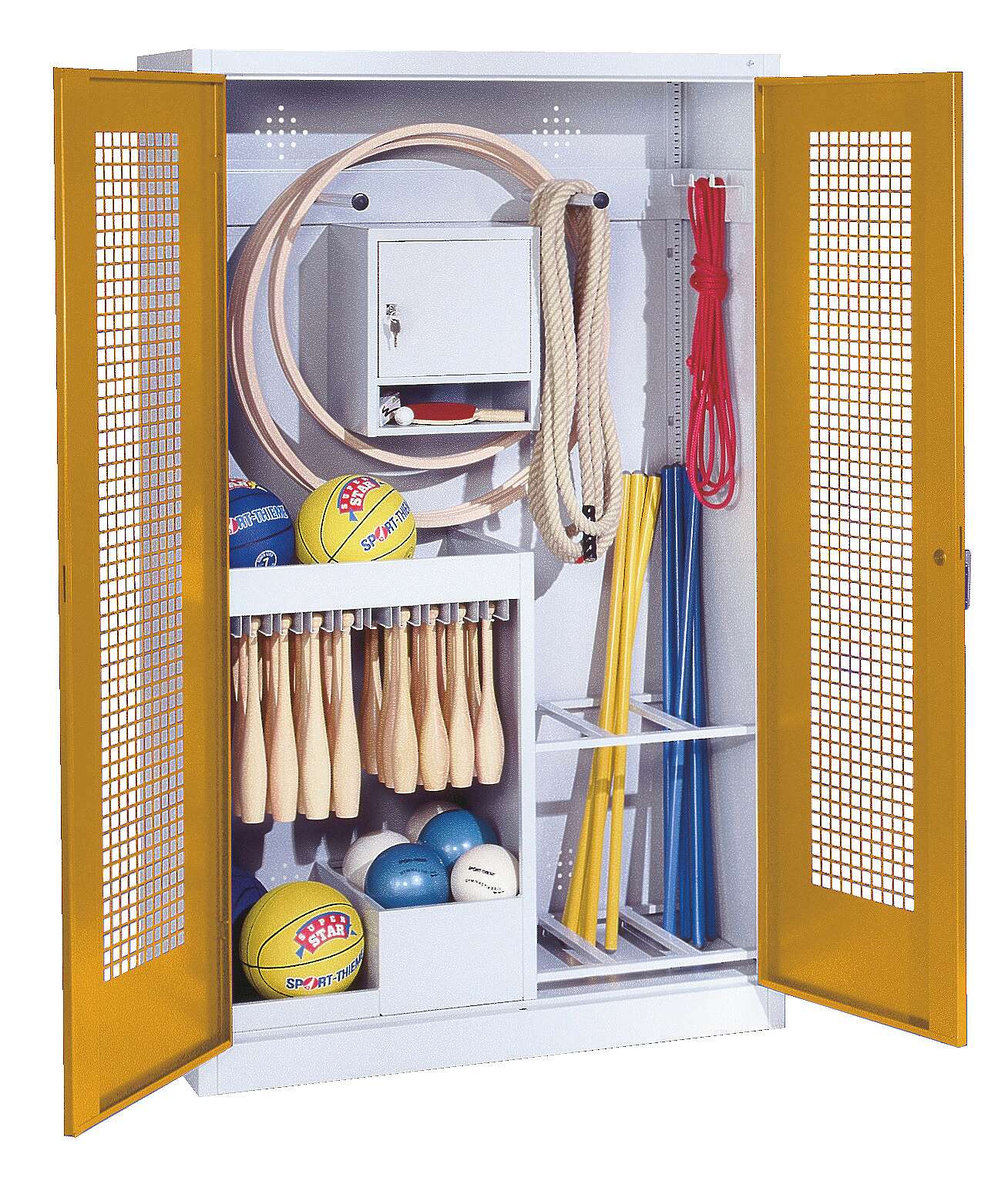 C+P Sportgeräteschrank mit Lochblech-Flügeltüren (Typ 1), HxBxT 195x120x50 cm, Ergo-Lock Muldengriff, Goldgelb (RAL 1004), Lichtgrau (RAL 7035), Gleichschließung Unkategorisiert online kaufen