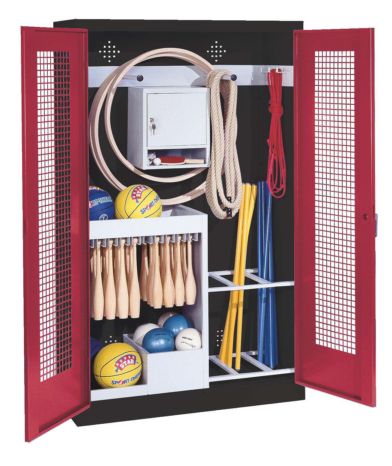 C+P Sportgeräteschrank mit Lochblech-Flügeltüren (Typ 1), HxBxT 195x120x50 cm, Ergo-Lock Muldengriff, Rubinrot (RAL 3003), Anthrazit (RAL 7021), Gleichschließung Unkategorisiert online kaufen