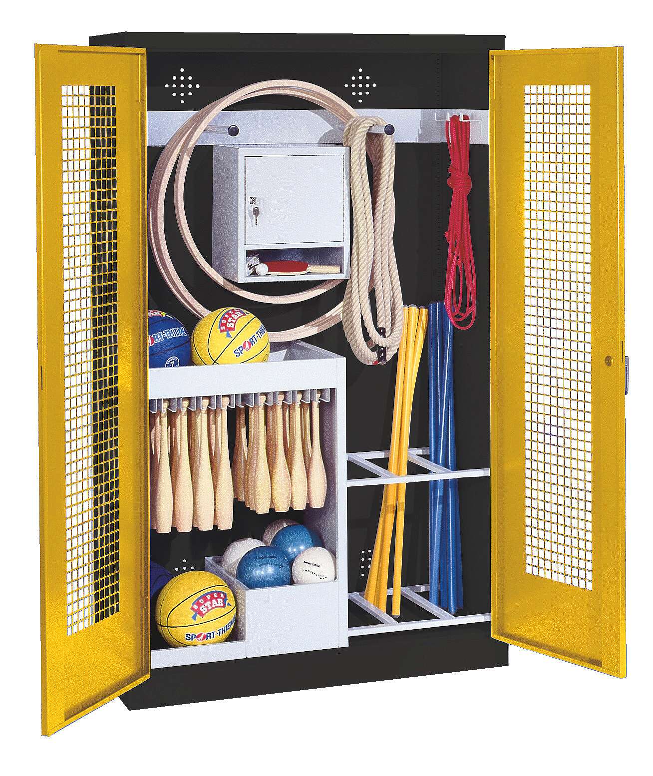C+P Sportgeräteschrank mit Lochblech-Flügeltüren (Typ 1), HxBxT 195x120x50 cm, Ergo-Lock Muldengriff, Verkehrsgelb (RAL 1023), Anthrazit (RAL 7021), Gleichschließung Unkategorisiert online kaufen