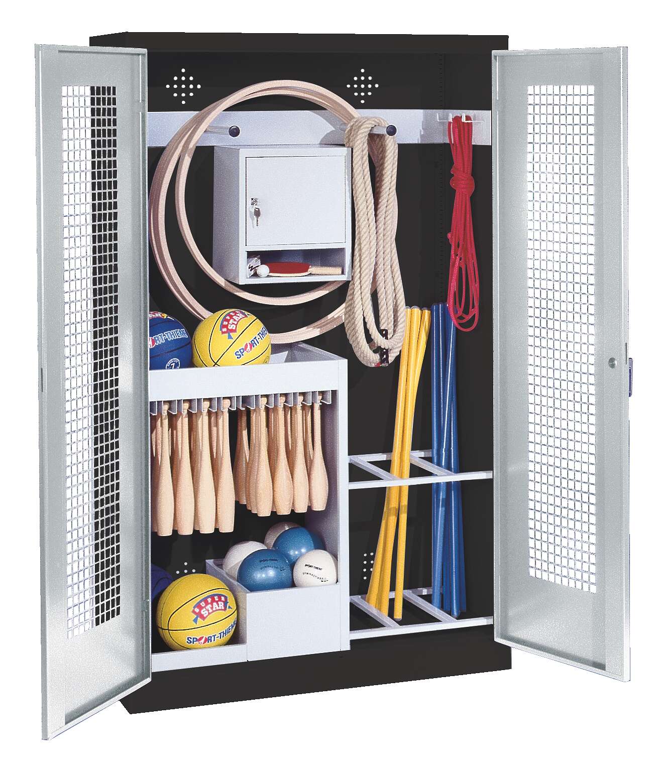 C+P Sportgeräteschrank mit Lochblech-Flügeltüren (Typ 1), HxBxT 195x120x50 cm, Lichtgrau (RAL 7035), Ergo-Lock Muldengriff, Anthrazit (RAL 7021), Einzelschließung Unkategorisiert online kaufen