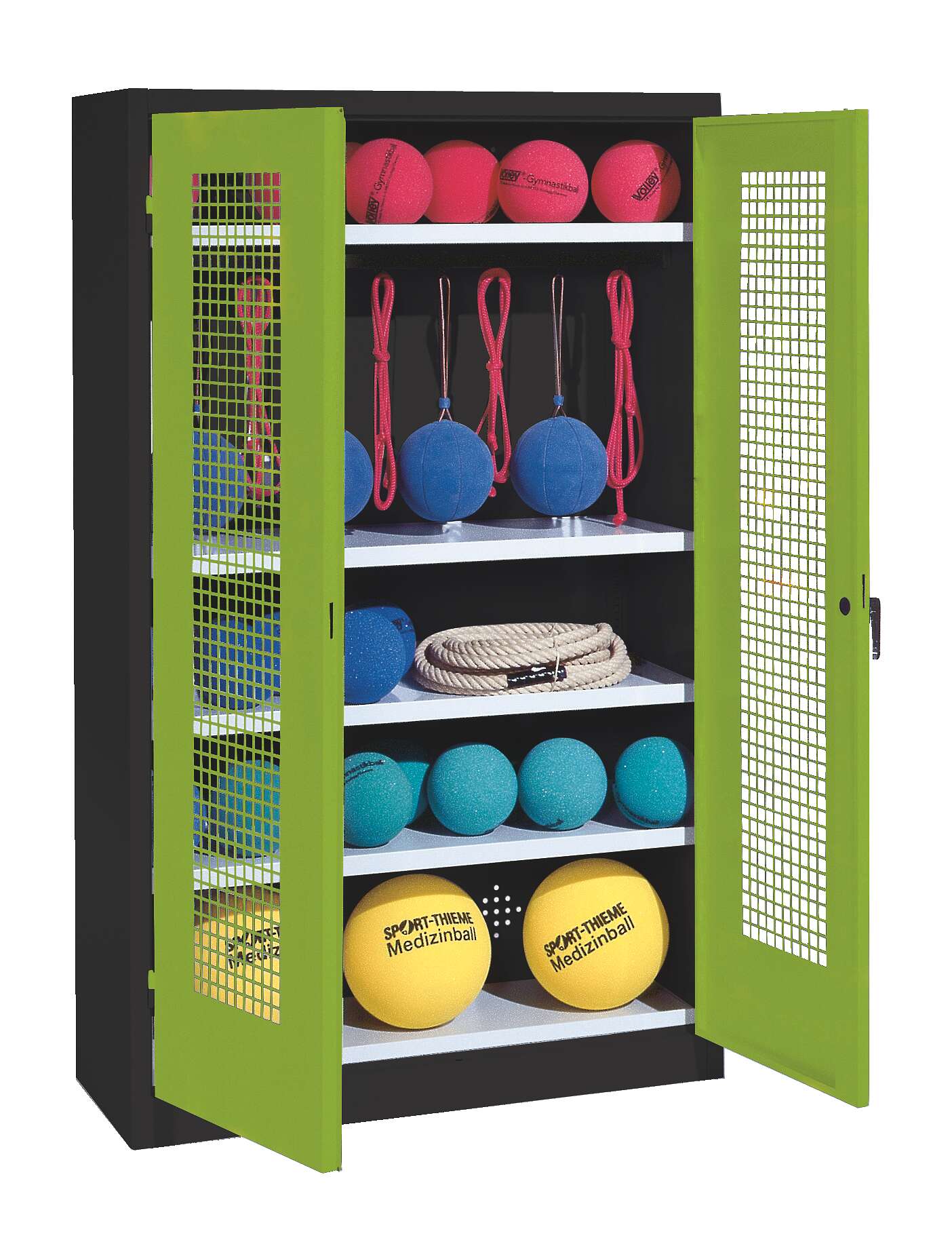 C+P Sportgeräteschrank mit Lochblech-Flügeltüren (Typ 2), HxBxT 195x120x50 cm, Ergo-Lock Muldengriff, Clowngrün (RAL 110 80 60), Anthrazit (RAL 7021), Einzelschließung Unkategorisiert online kaufen