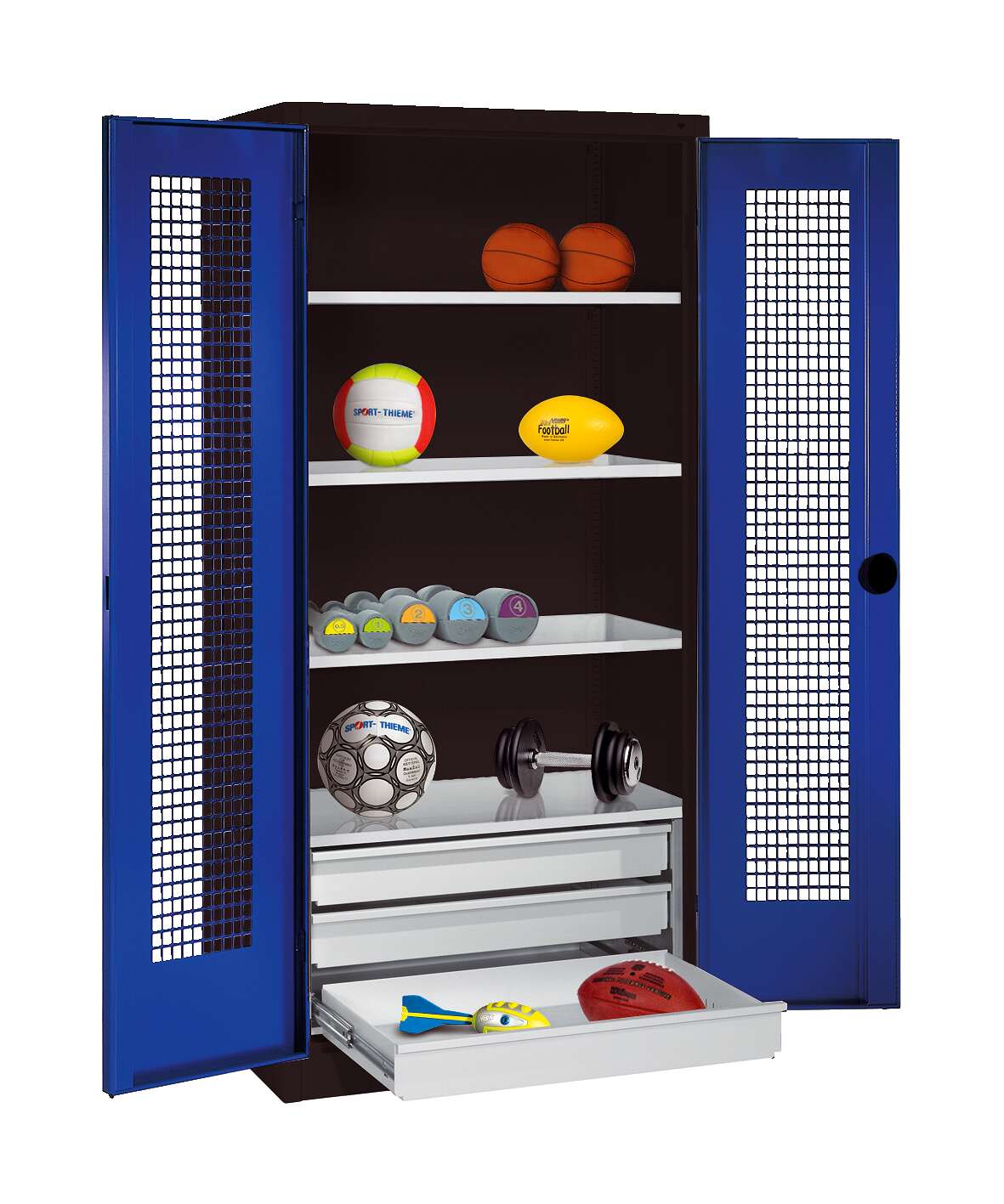 C+P Sportgeräteschrank mit Schubladen und Lochblech-Flügeltüren (Typ 4), HxBxT 195x120x50 cm, Enzianblau (RAL 5010), Ergo-Lock Muldengriff, Anthrazit (RAL 7021), Einzelschließung Unkategorisiert online kaufen C+P Sportgeräteschrank mit Schubladen und Lochblech-Flügeltüren (Typ 4), HxBxT 195x120x50 cm, Enzianblau (RAL 5010), Ergo-Lock Muldengriff, Anthrazit (RAL 7021), Einzelschließung Unkategorisiert online kaufen