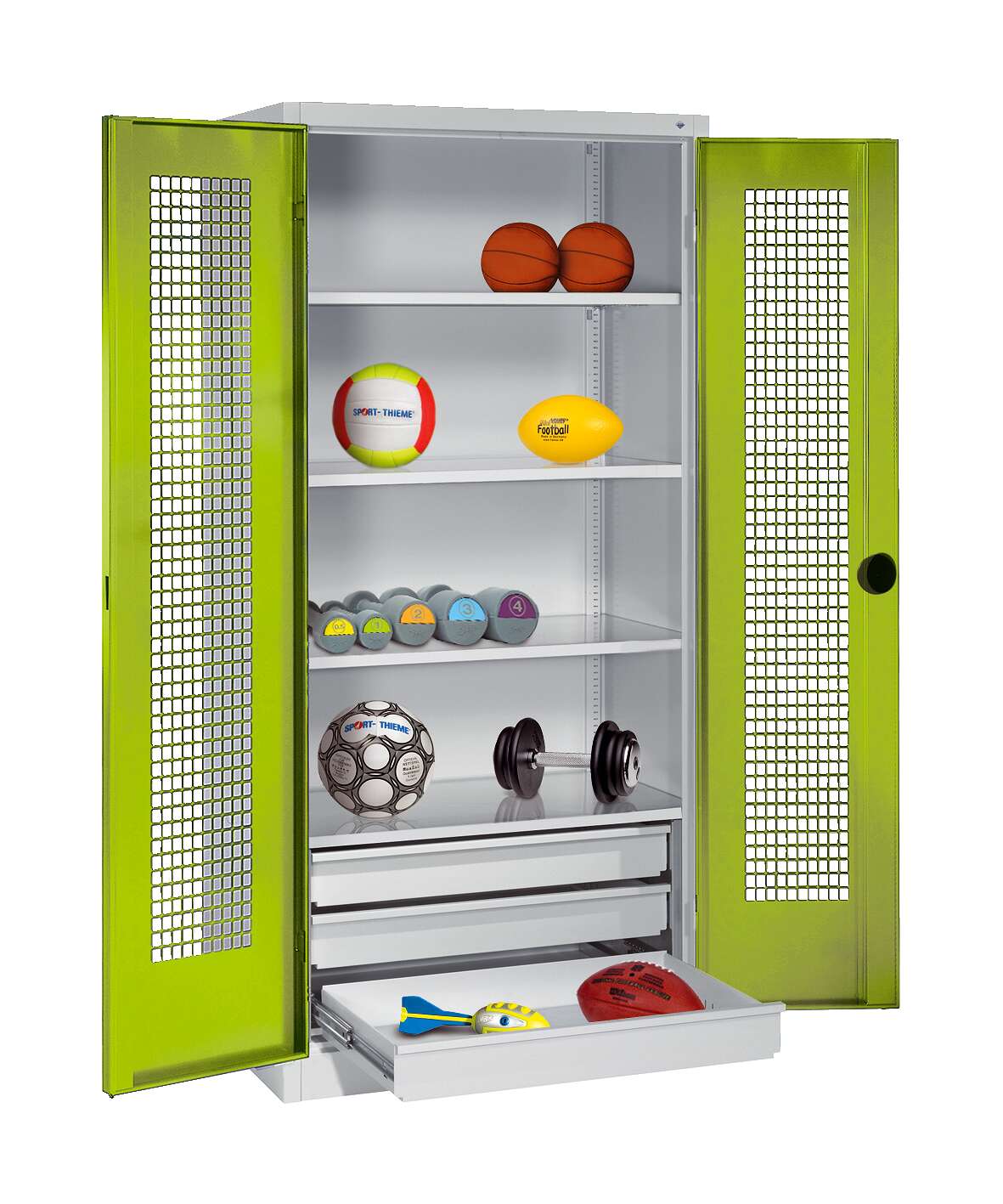 C+P Sportgeräteschrank mit Schubladen und Lochblech-Flügeltüren (Typ 4), HxBxT 195x120x50 cm, Ergo-Lock Muldengriff, Clowngrün (RAL 110 80 60), Lichtgrau (RAL 7035), Einzelschließung Unkategorisiert online kaufen
