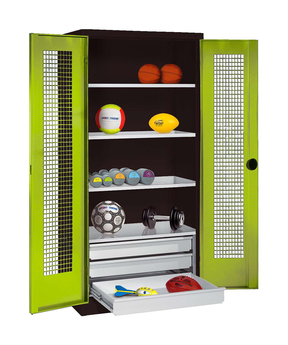 C+P Sportgeräteschrank mit Schubladen und Lochblech-Flügeltüren (Typ 4), HxBxT 195x120x50 cm, Ergo-Lock Muldengriff, Clowngrün (RAL 110 80 60), Anthrazit (RAL 7021), Gleichschließung Unkategorisiert online kaufen