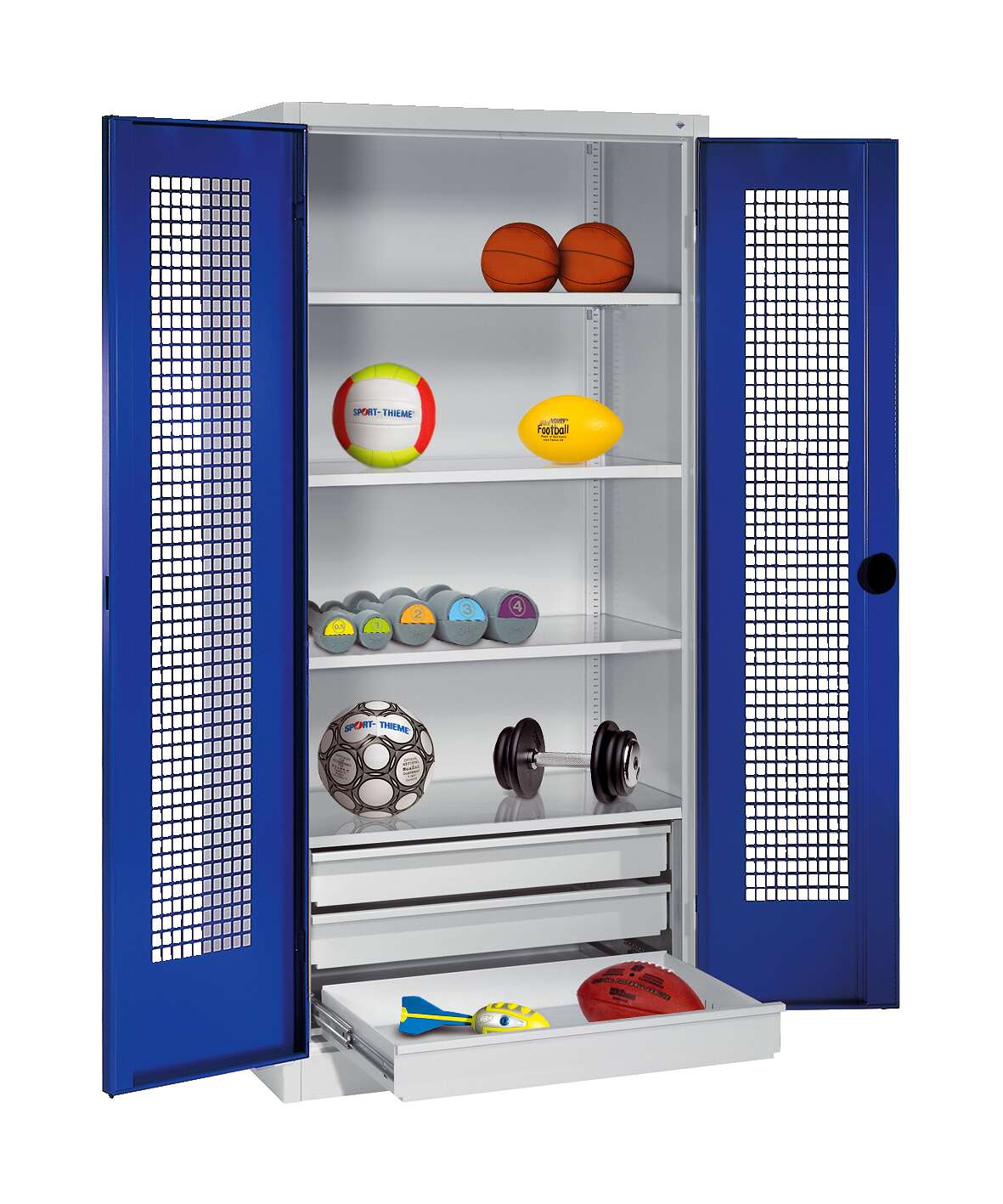C+P Sportgeräteschrank mit Schubladen und Lochblech-Flügeltüren (Typ 4), HxBxT 195x120x50 cm, Ergo-Lock Muldengriff, Enzianblau (RAL 5010), Lichtgrau (RAL 7035), Einzelschließung Unkategorisiert online kaufen