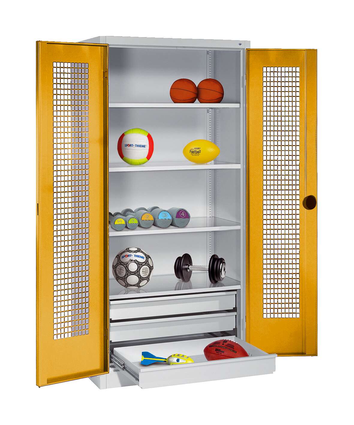 C+P Sportgeräteschrank mit Schubladen und Lochblech-Flügeltüren (Typ 4), HxBxT 195x120x50 cm, Ergo-Lock Muldengriff, Goldgelb (RAL 1004), Lichtgrau (RAL 7035), Einzelschließung Unkategorisiert online kaufen