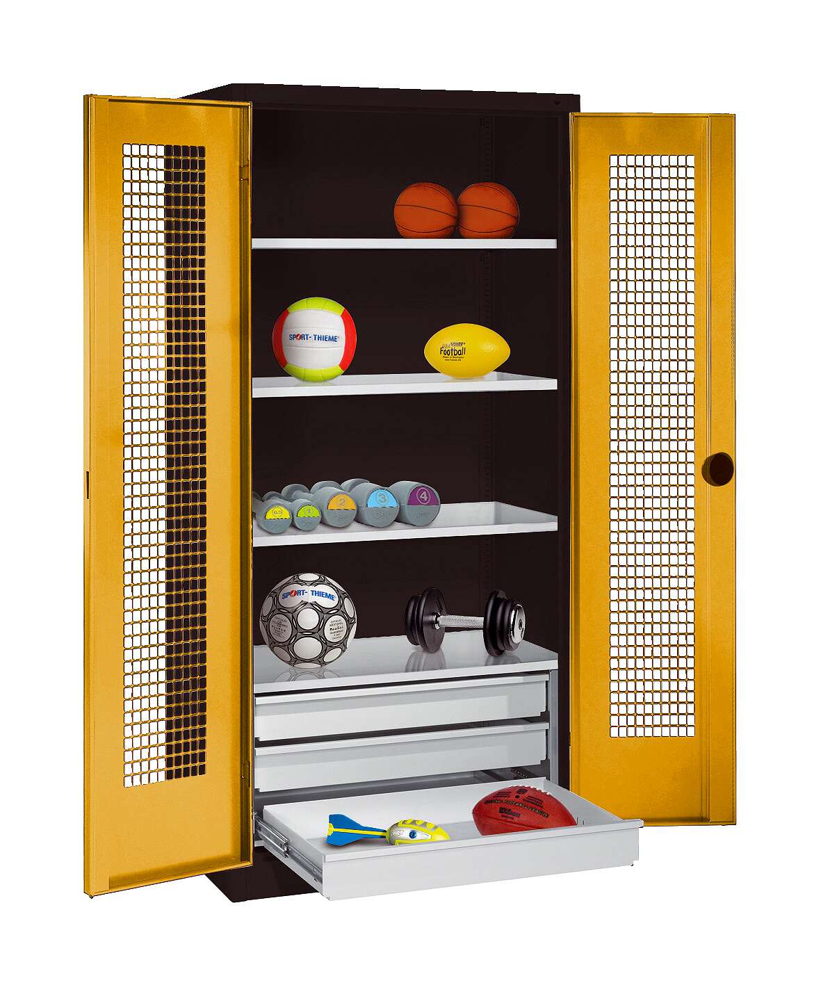 C+P Sportgeräteschrank mit Schubladen und Lochblech-Flügeltüren (Typ 4), HxBxT 195x120x50 cm, Ergo-Lock Muldengriff, Goldgelb (RAL 1004), Anthrazit (RAL 7021), Einzelschließung Unkategorisiert online kaufen