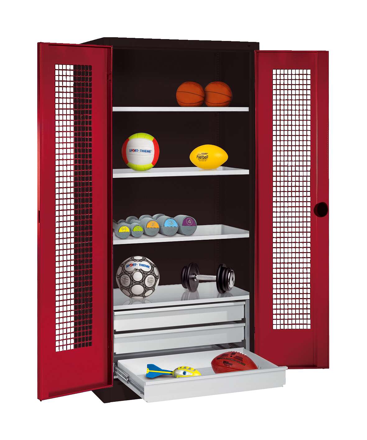 C+P Sportgeräteschrank mit Schubladen und Lochblech-Flügeltüren (Typ 4), HxBxT 195x120x50 cm, Ergo-Lock Muldengriff, Rubinrot (RAL 3003), Anthrazit (RAL 7021), Einzelschließung Unkategorisiert online kaufen