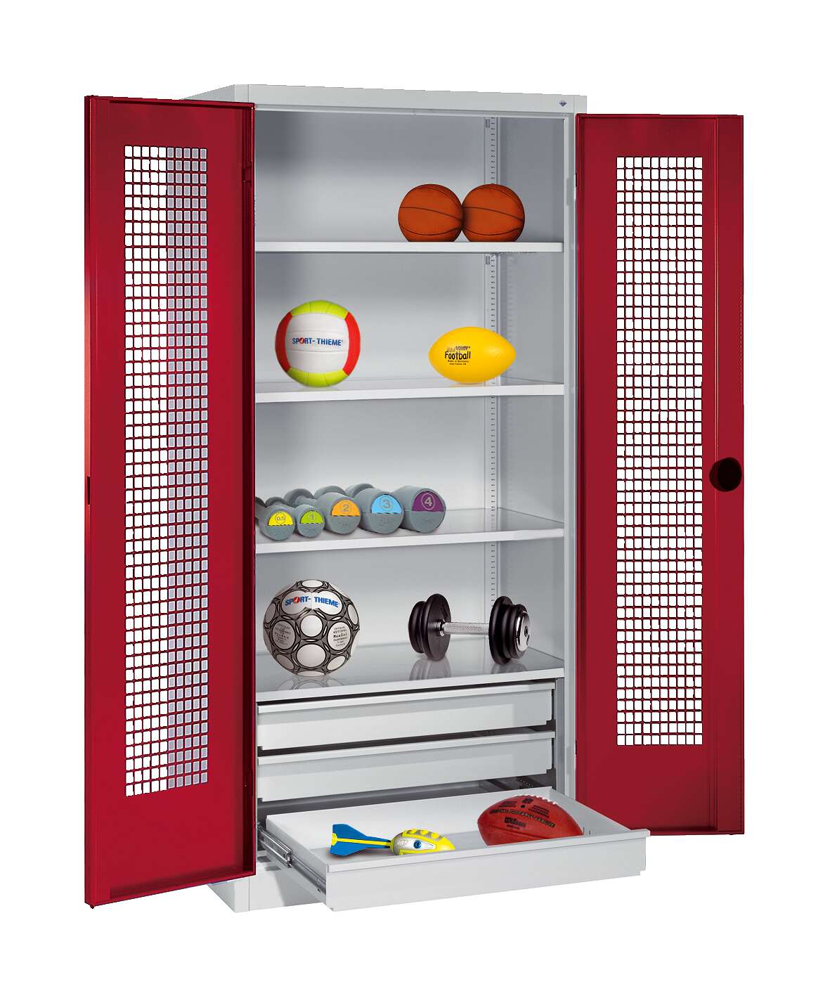 C+P Sportgeräteschrank mit Schubladen und Lochblech-Flügeltüren (Typ 4), HxBxT 195x120x50 cm, Ergo-Lock Muldengriff, Rubinrot (RAL 3003), Lichtgrau (RAL 7035), Gleichschließung Unkategorisiert online kaufen C+P Sportgeräteschrank mit Schubladen und Lochblech-Flügeltüren (Typ 4), HxBxT 195x120x50 cm, Ergo-Lock Muldengriff, Rubinrot (RAL 3003), Lichtgrau (RAL 7035), Gleichschließung Unkategorisiert online kaufen