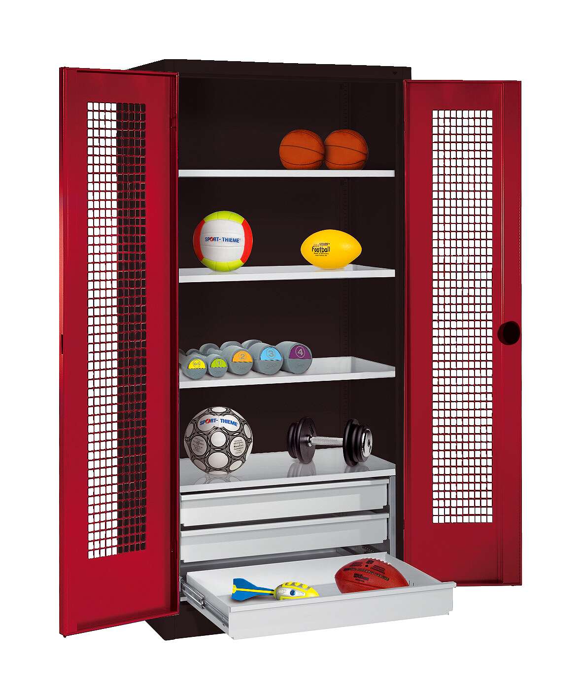 C+P Sportgeräteschrank mit Schubladen und Lochblech-Flügeltüren (Typ 4), HxBxT 195x120x50 cm, Ergo-Lock Muldengriff, Rubinrot (RAL 3003), Anthrazit (RAL 7021), Gleichschließung Unkategorisiert online kaufen