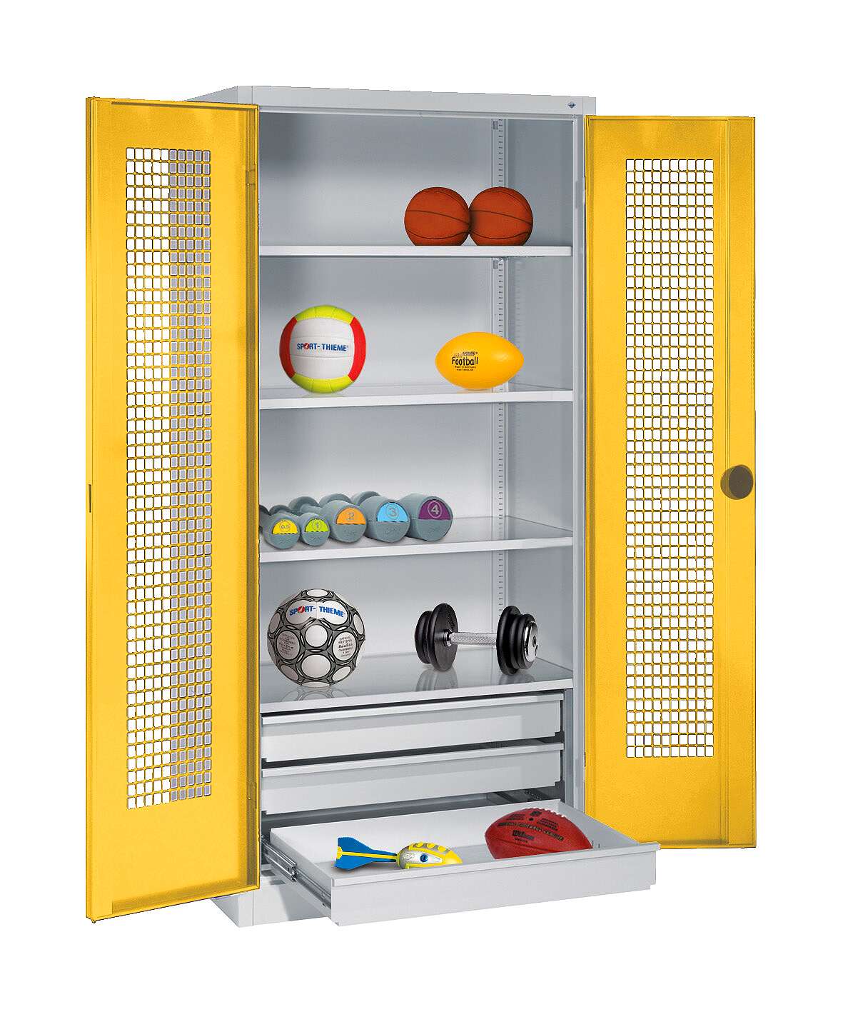 C+P Sportgeräteschrank mit Schubladen und Lochblech-Flügeltüren (Typ 4), HxBxT 195x120x50 cm, Ergo-Lock Muldengriff, Verkehrsgelb (RAL 1023), Lichtgrau (RAL 7035), Einzelschließung Unkategorisiert online kaufen