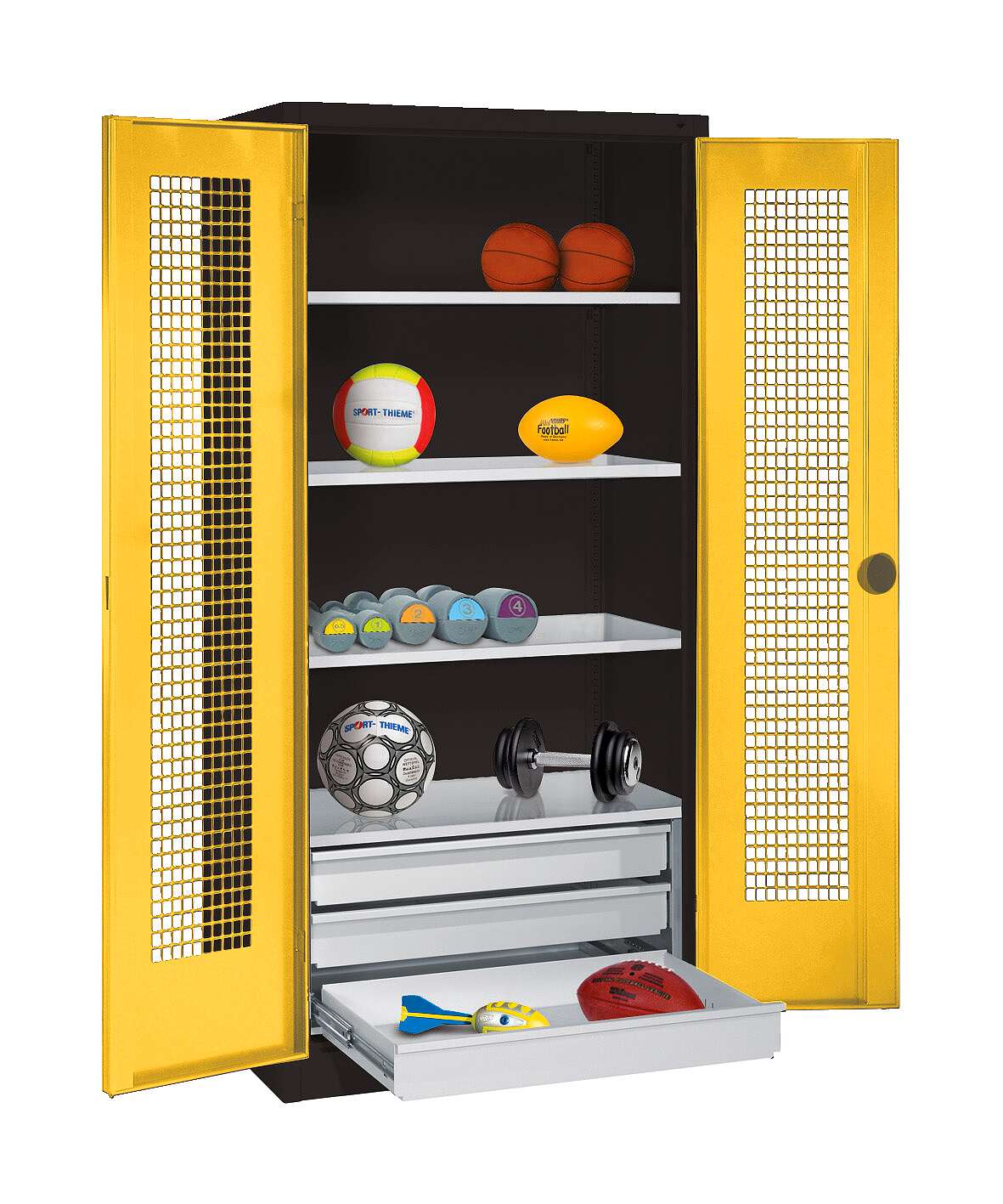 C+P Sportgeräteschrank mit Schubladen und Lochblech-Flügeltüren (Typ 4), HxBxT 195x120x50 cm, Ergo-Lock Muldengriff, Verkehrsgelb (RAL 1023), Anthrazit (RAL 7021), Einzelschließung Unkategorisiert online kaufen