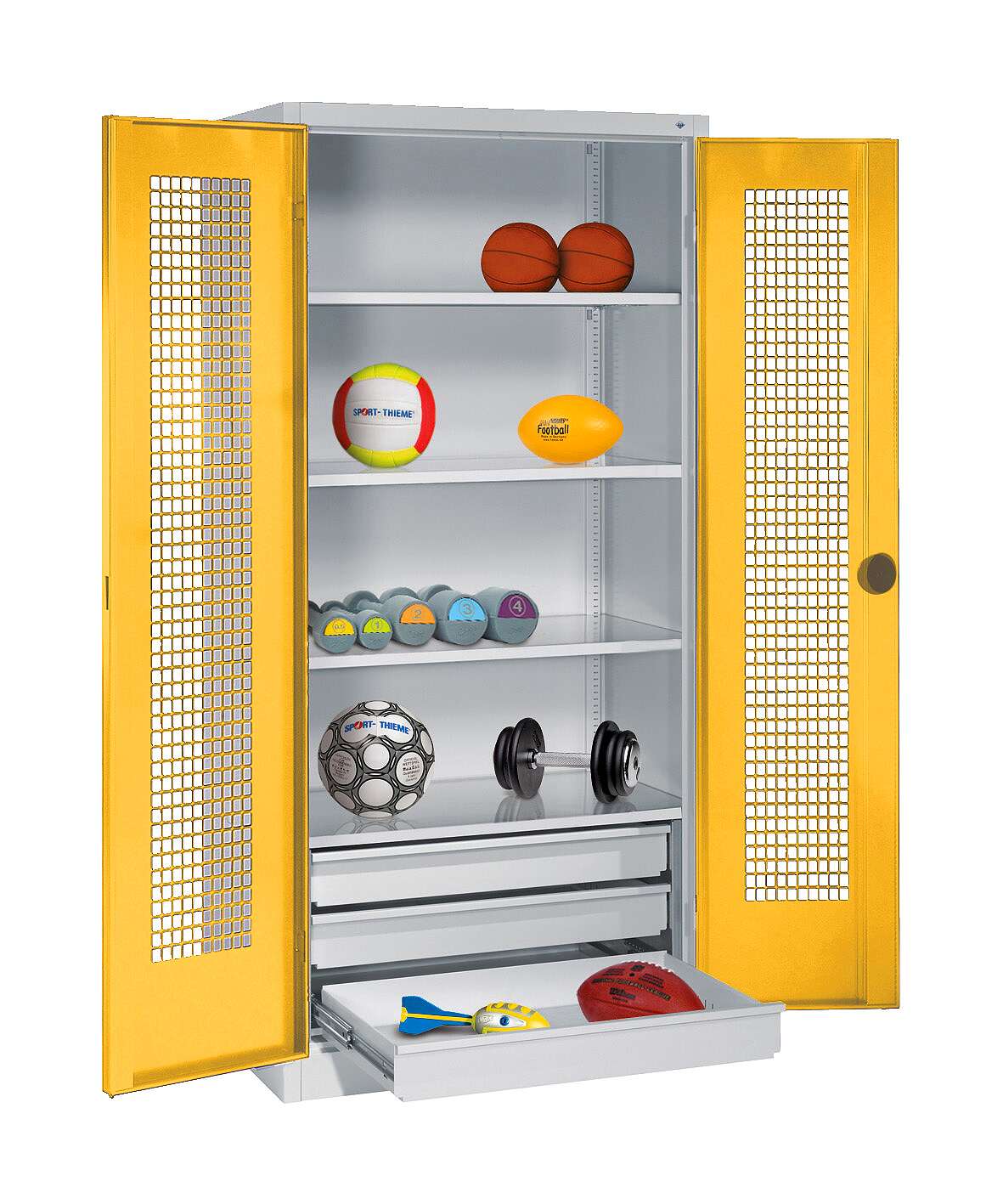 C+P Sportgeräteschrank mit Schubladen und Lochblech-Flügeltüren (Typ 4), HxBxT 195x120x50 cm, Ergo-Lock Muldengriff, Verkehrsgelb (RAL 1023), Lichtgrau (RAL 7035), Gleichschließung Unkategorisiert online kaufen C+P Sportgeräteschrank mit Schubladen und Lochblech-Flügeltüren (Typ 4), HxBxT 195x120x50 cm, Ergo-Lock Muldengriff, Verkehrsgelb (RAL 1023), Lichtgrau (RAL 7035), Gleichschließung Unkategorisiert online kaufen