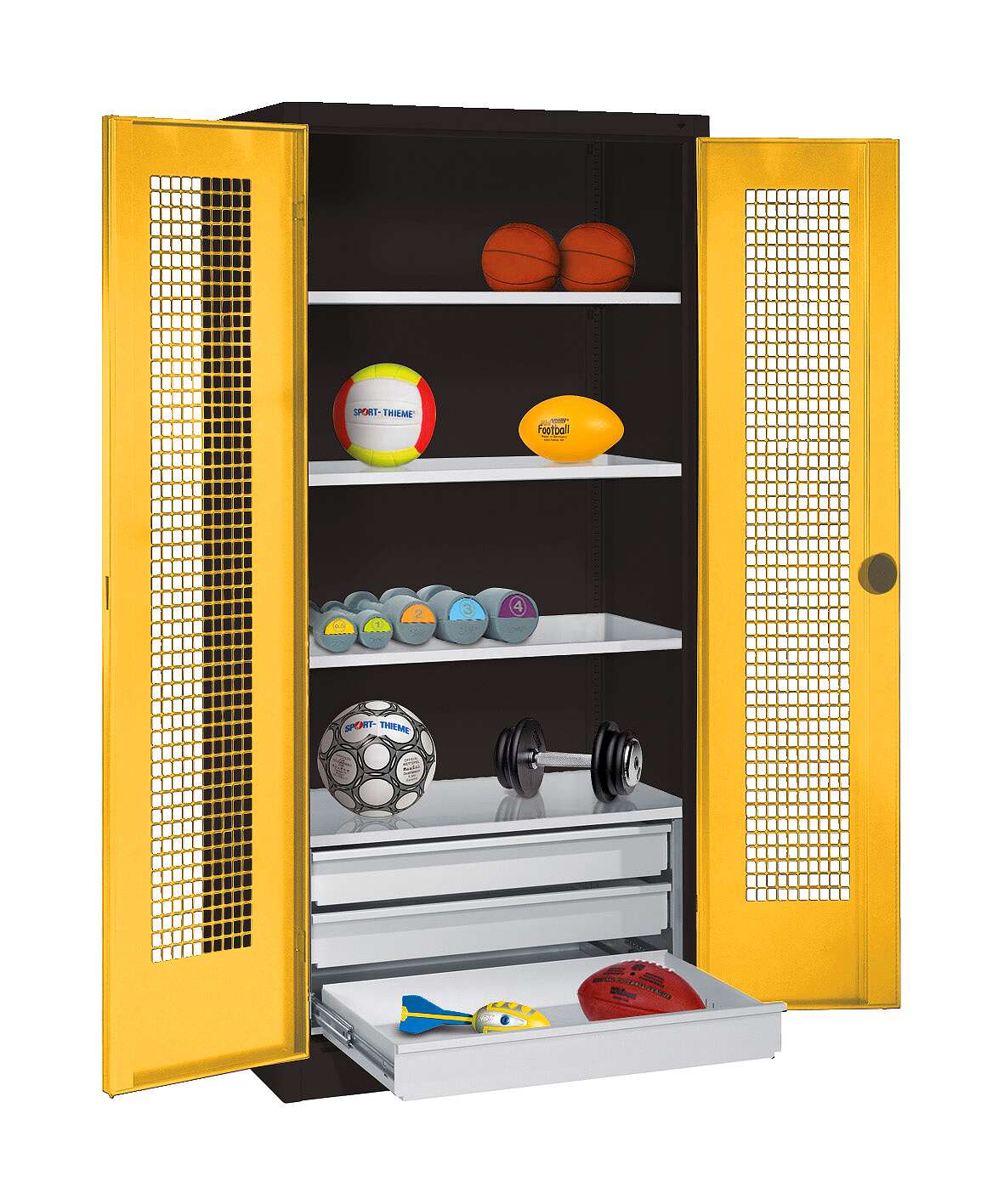 C+P Sportgeräteschrank mit Schubladen und Lochblech-Flügeltüren (Typ 4), HxBxT 195x120x50 cm, Ergo-Lock Muldengriff, Verkehrsgelb (RAL 1023), Anthrazit (RAL 7021), Gleichschließung Unkategorisiert online kaufen C+P Sportgeräteschrank mit Schubladen und Lochblech-Flügeltüren (Typ 4), HxBxT 195x120x50 cm, Ergo-Lock Muldengriff, Verkehrsgelb (RAL 1023), Anthrazit (RAL 7021), Gleichschließung Unkategorisiert online kaufen