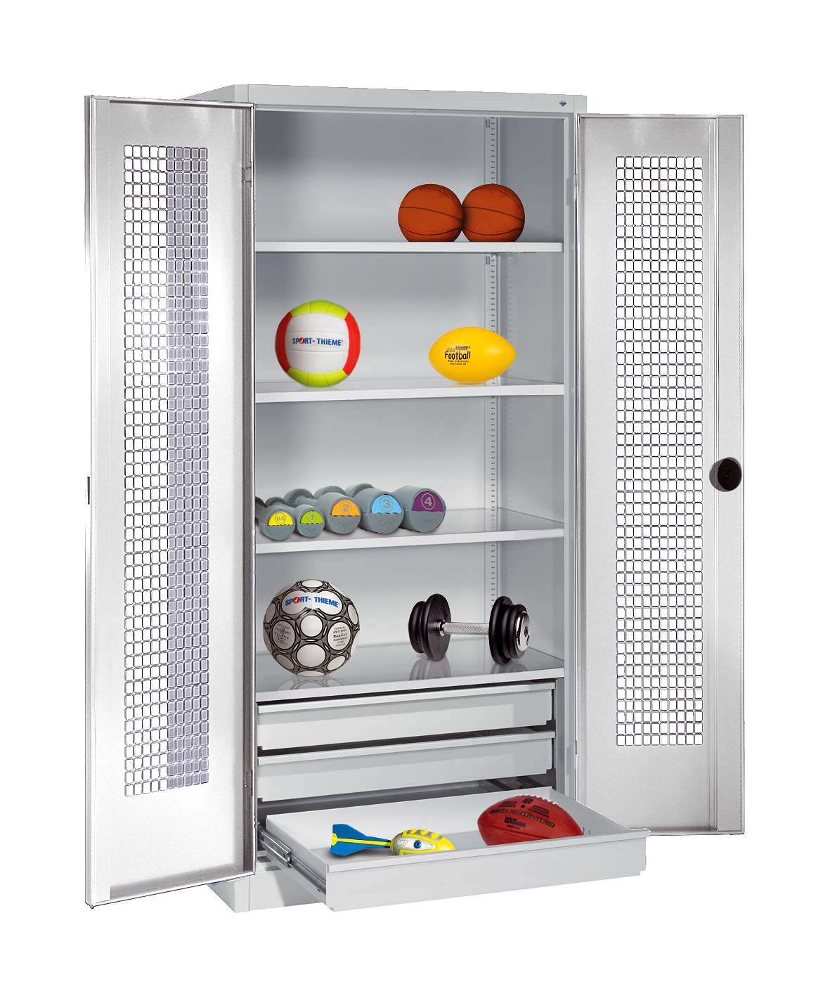C+P Sportgeräteschrank mit Schubladen und Lochblech-Flügeltüren (Typ 4), HxBxT 195x120x50 cm, Goldgelb (RAL 1004), Einzelschließung Unkategorisiert online kaufen