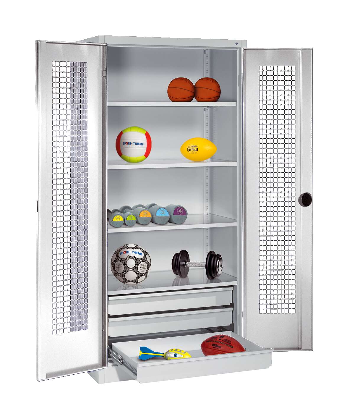 C+P Sportgeräteschrank mit Schubladen und Lochblech-Flügeltüren (Typ 4), HxBxT 195x120x50 cm, Lichtgrau (RAL 7035), Ergo-Lock Muldengriff, Lichtgrau (RAL 7035), Einzelschließung Unkategorisiert online kaufen C+P Sportgeräteschrank mit Schubladen und Lochblech-Flügeltüren (Typ 4), HxBxT 195x120x50 cm, Lichtgrau (RAL 7035), Ergo-Lock Muldengriff, Lichtgrau (RAL 7035), Einzelschließung Unkategorisiert online kaufen