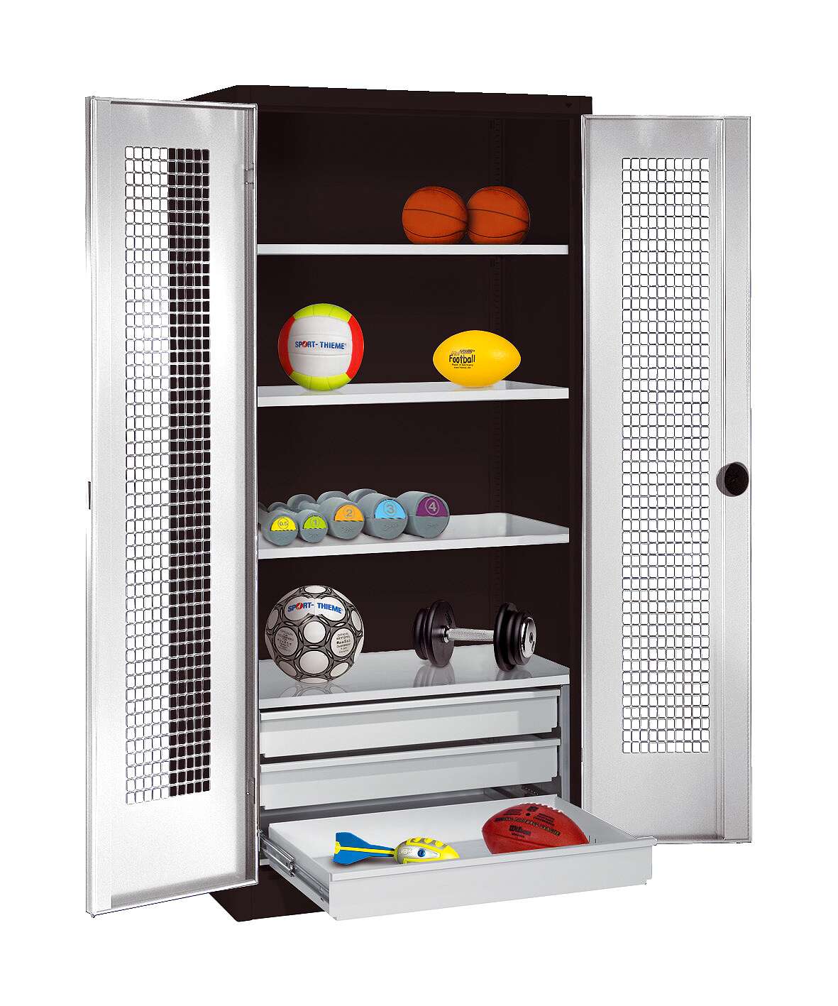 C+P Sportgeräteschrank mit Schubladen und Lochblech-Flügeltüren (Typ 4), HxBxT 195x120x50 cm, Lichtgrau (RAL 7035), Ergo-Lock Muldengriff, Anthrazit (RAL 7021), Gleichschließung Unkategorisiert online kaufen