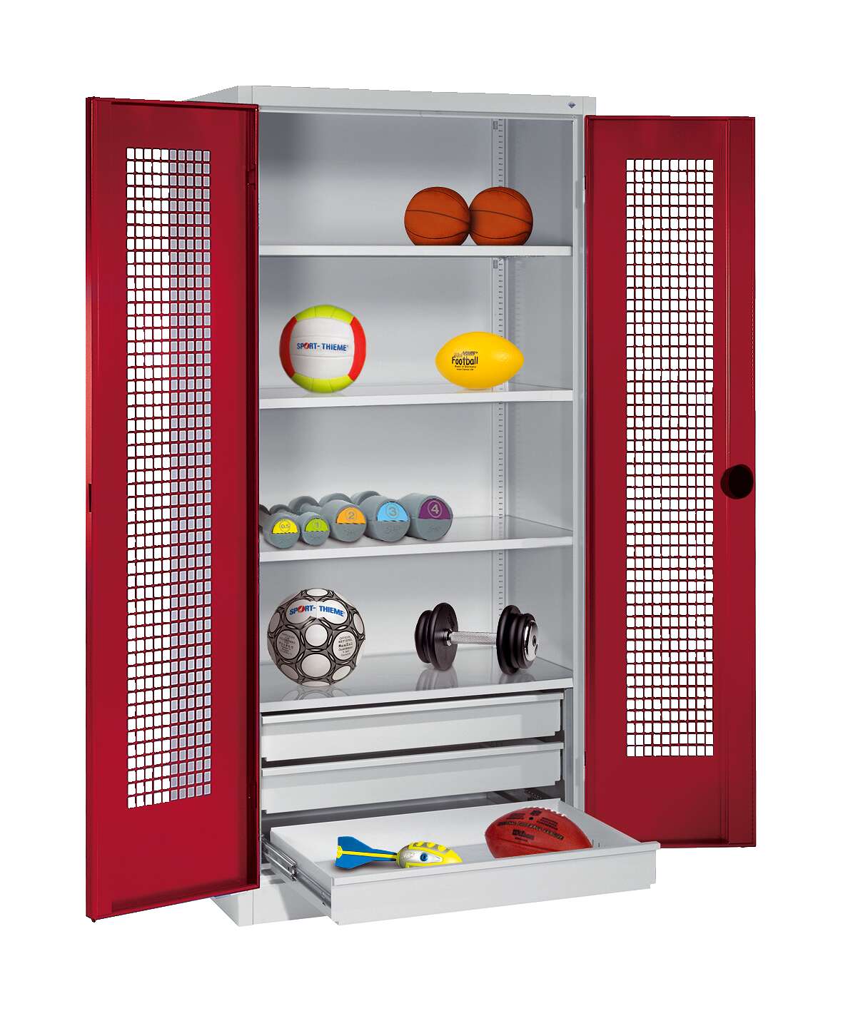 C+P Sportgeräteschrank mit Schubladen und Lochblech-Flügeltüren (Typ 4), HxBxT 195x120x50 cm, Rubinrot (RAL 3003), Gleichschließung Unkategorisiert online kaufen