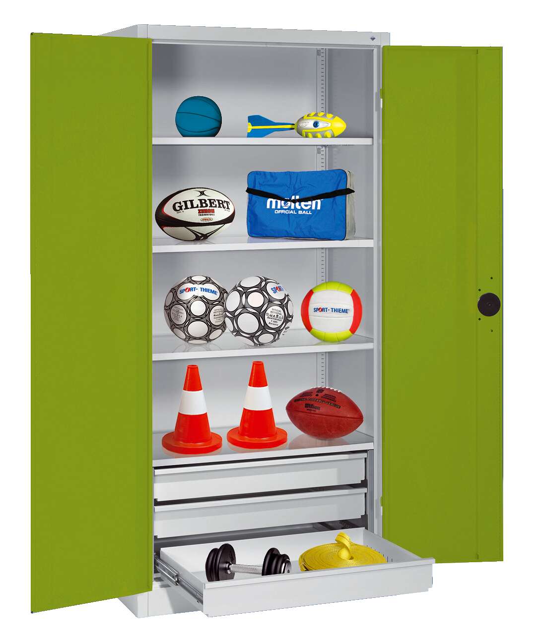 C+P Sportgeräteschrank mit Schubladen und Vollblech-Flügeltüren (Typ 4), HxBxT 195x120x50 cm, Clowngrün (RAL 110 80 60), Gleichschließung Unkategorisiert online kaufen