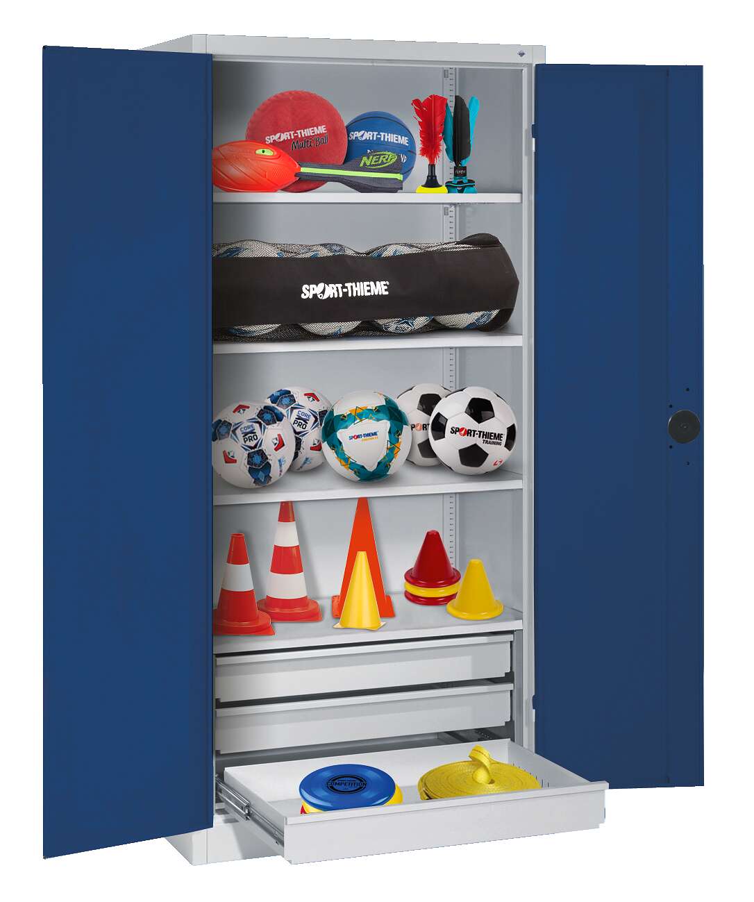 C+P Sportgeräteschrank mit Schubladen und Vollblech-Flügeltüren (Typ 4), HxBxT 195x120x50 cm, Enzianblau (RAL 5010), Einzelschließung Unkategorisiert online kaufen
