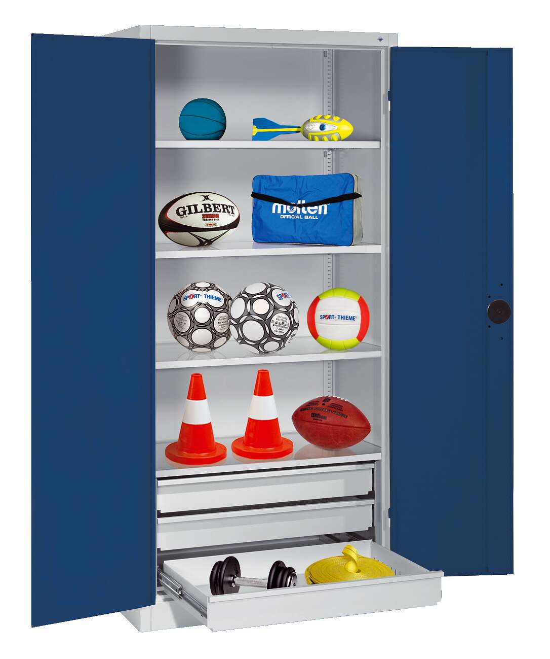 C+P Sportgeräteschrank mit Schubladen und Vollblech-Flügeltüren (Typ 4), HxBxT 195x120x50 cm, Ergo-Lock Muldengriff, Enzianblau (RAL 5010), Lichtgrau (RAL 7035), Einzelschließung Unkategorisiert online kaufen